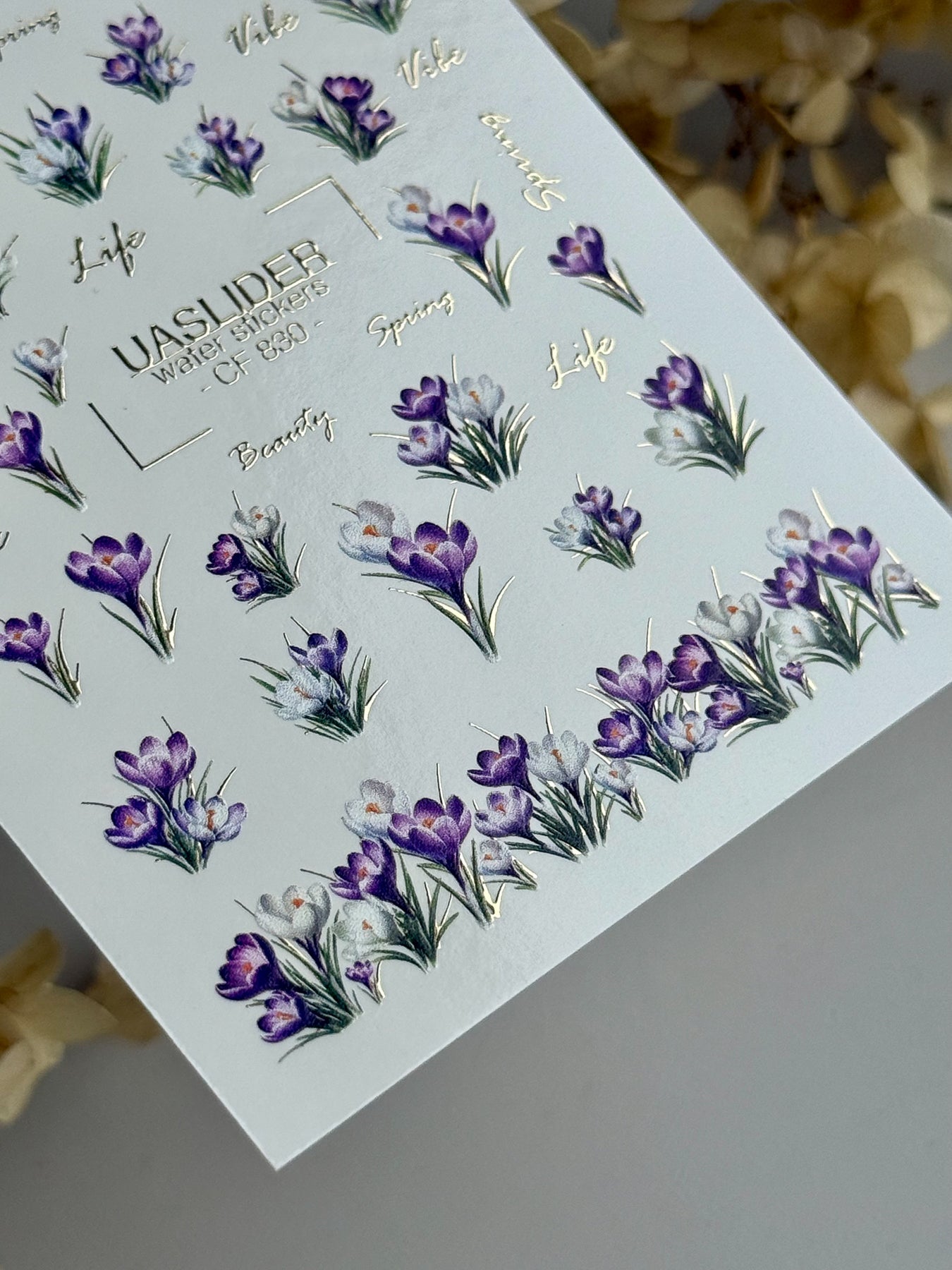 Crocus Nail Decals — Purple Spring Flowers & Gold Foil Script | CF - 830 - UASLIDER