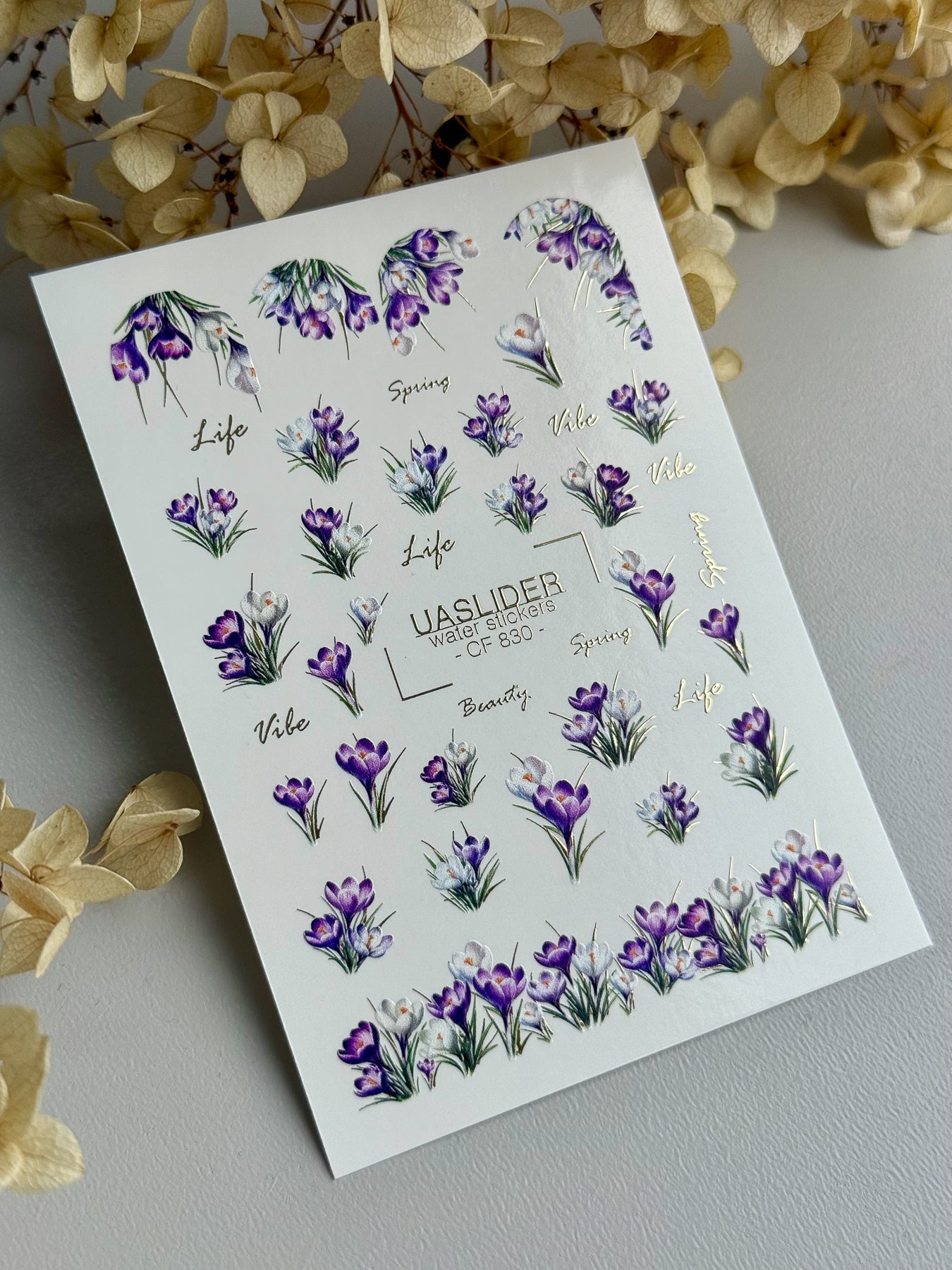 Crocus Nail Decals — Purple Spring Flowers & Gold Foil Script | CF - 830 - UASLIDER