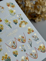 Daffodil Nail Decals — Yellow & White Spring Flowers, Gold Script | CF - 835 - UASLIDER