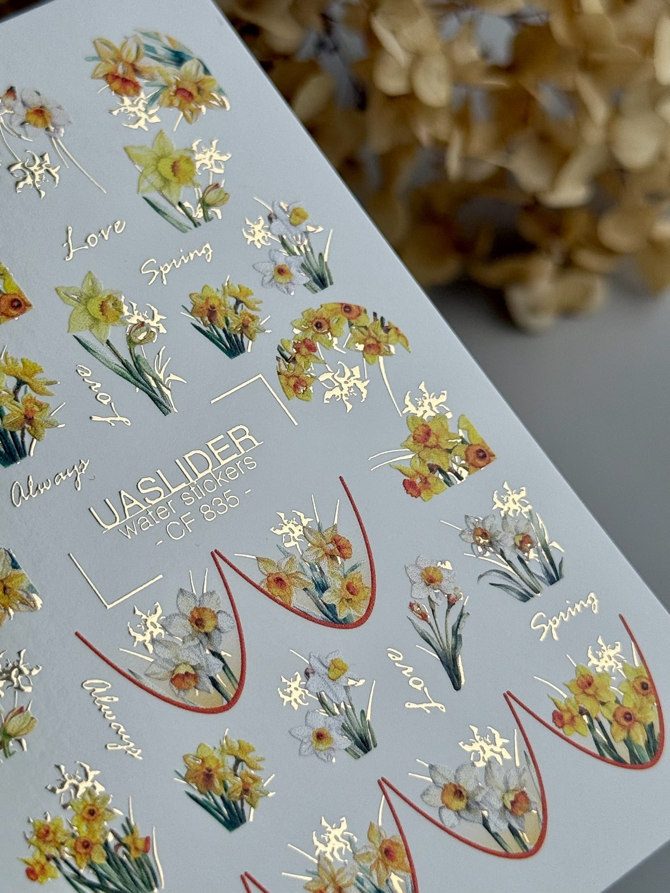 Daffodil Nail Decals — Yellow & White Spring Flowers, Gold Script | CF - 835 - UASLIDER