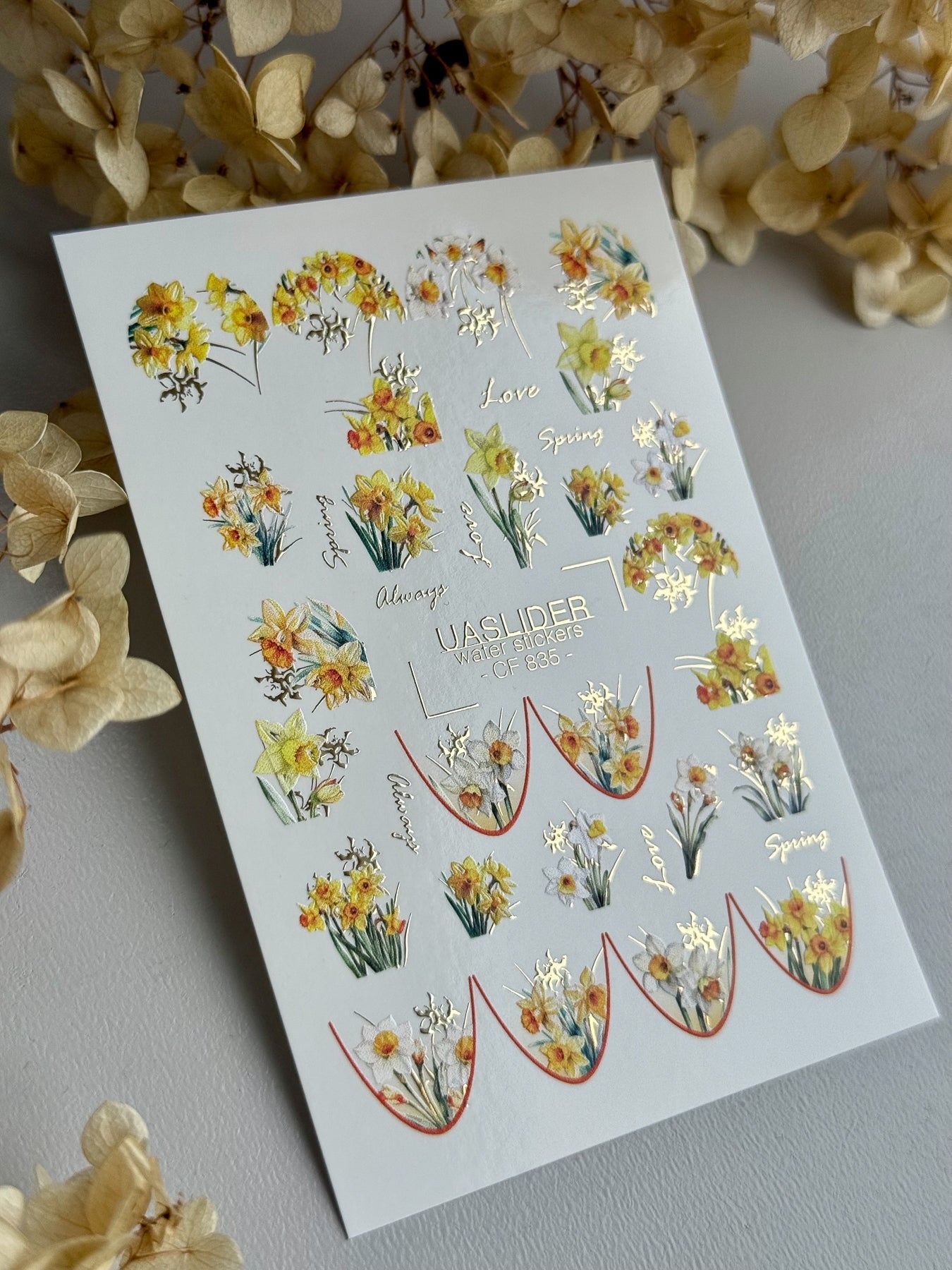 Daffodil Nail Decals — Yellow & White Spring Flowers, Gold Script | CF - 835 - UASLIDER
