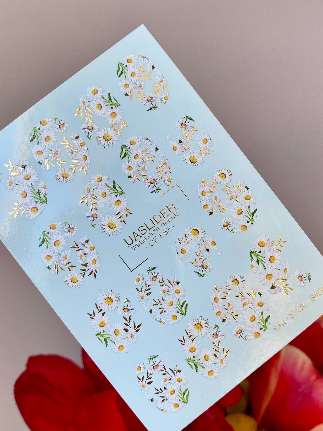 Daisy Nail Decals — White Daisies with Gold Foil Leaves | CF - 863 - UASLIDER