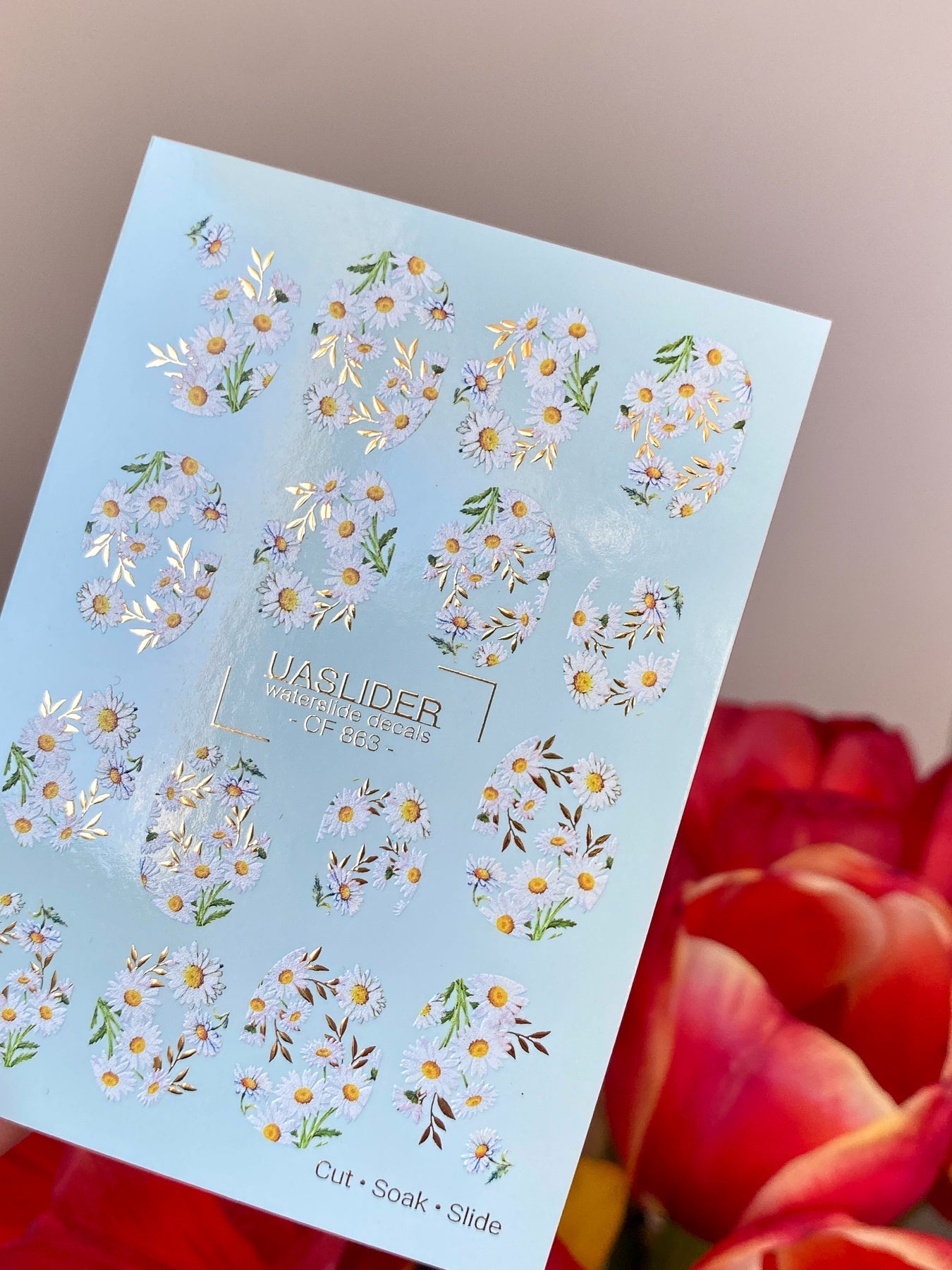 Daisy Nail Decals — White Daisies with Gold Foil Leaves | CF - 863 - UASLIDER