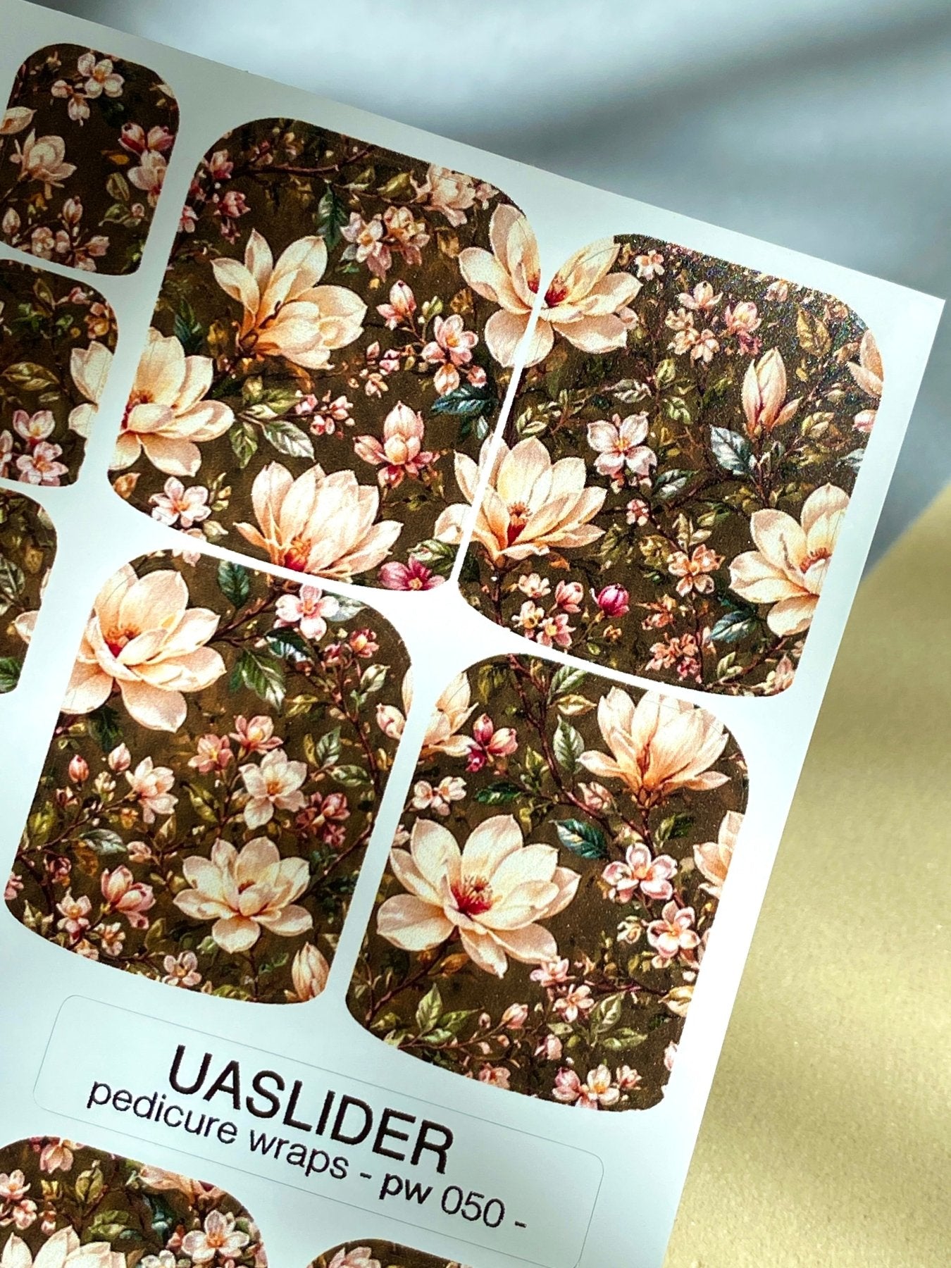 Dark Floral Pedicure Nail Wraps — Cream Magnolia on Black | PW-050 - UASLIDER