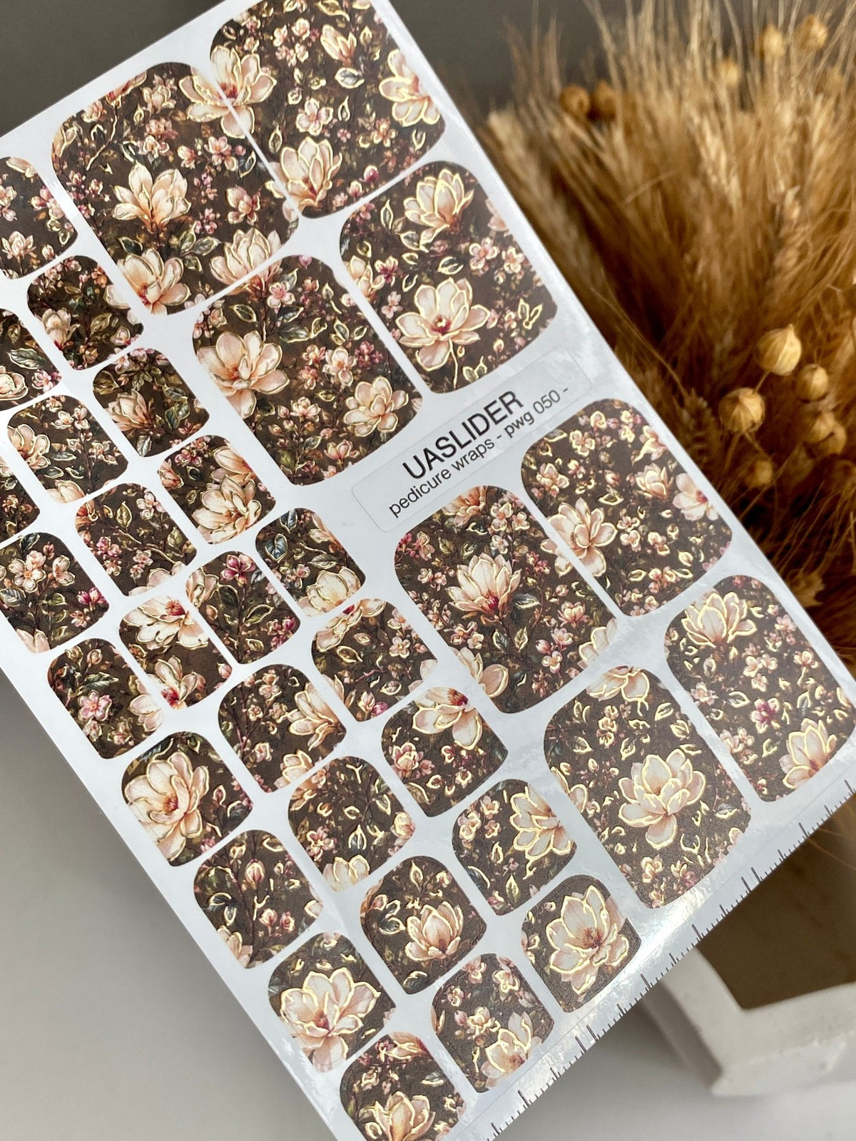 Dark Floral Pedicure Wraps — Cream Blooms & Gold Foil | pwg-050 - UASLIDER