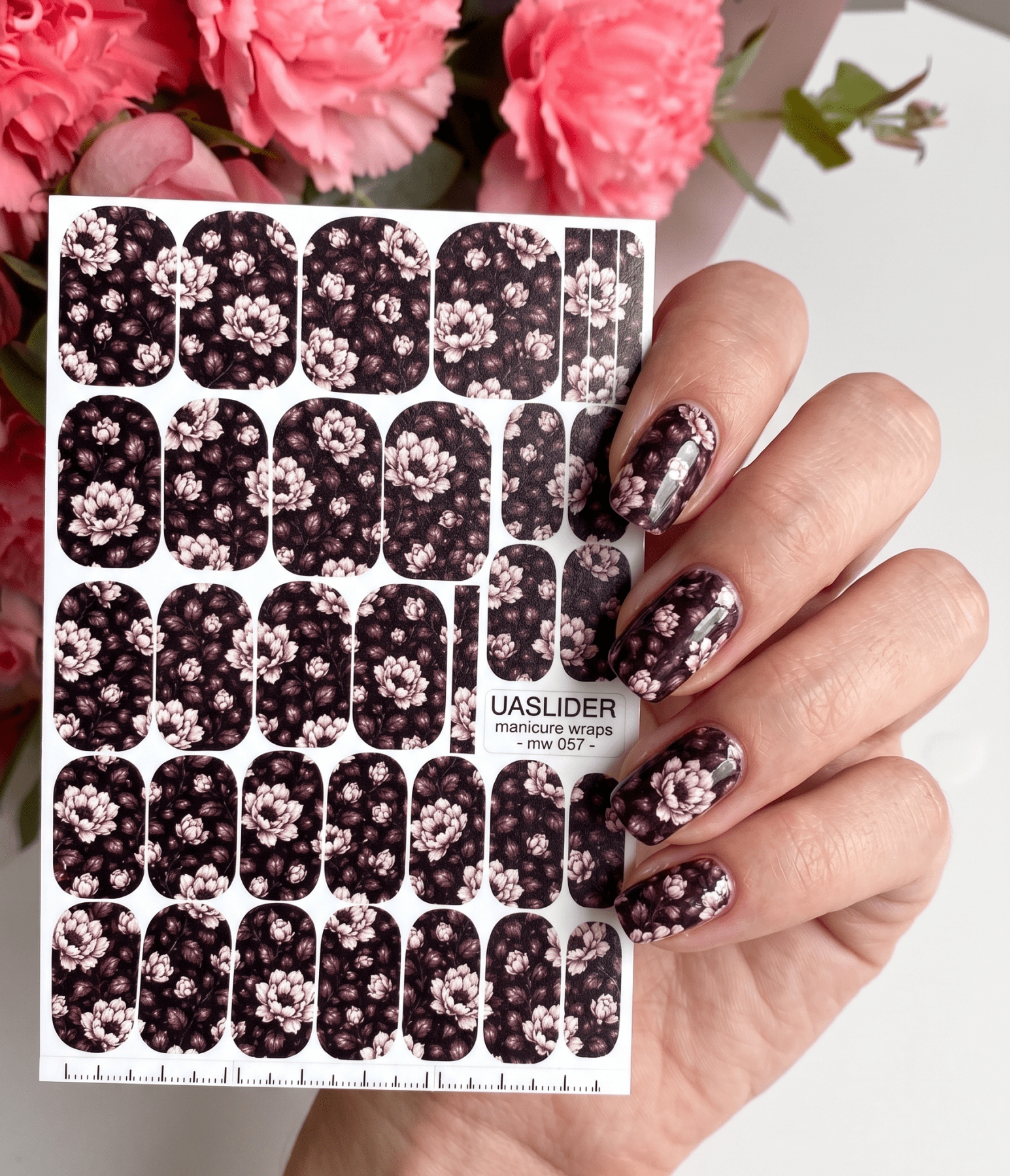Dark Peony Manicure Nail Wraps — Blush Floral Pattern | mw-057 - UASLIDER