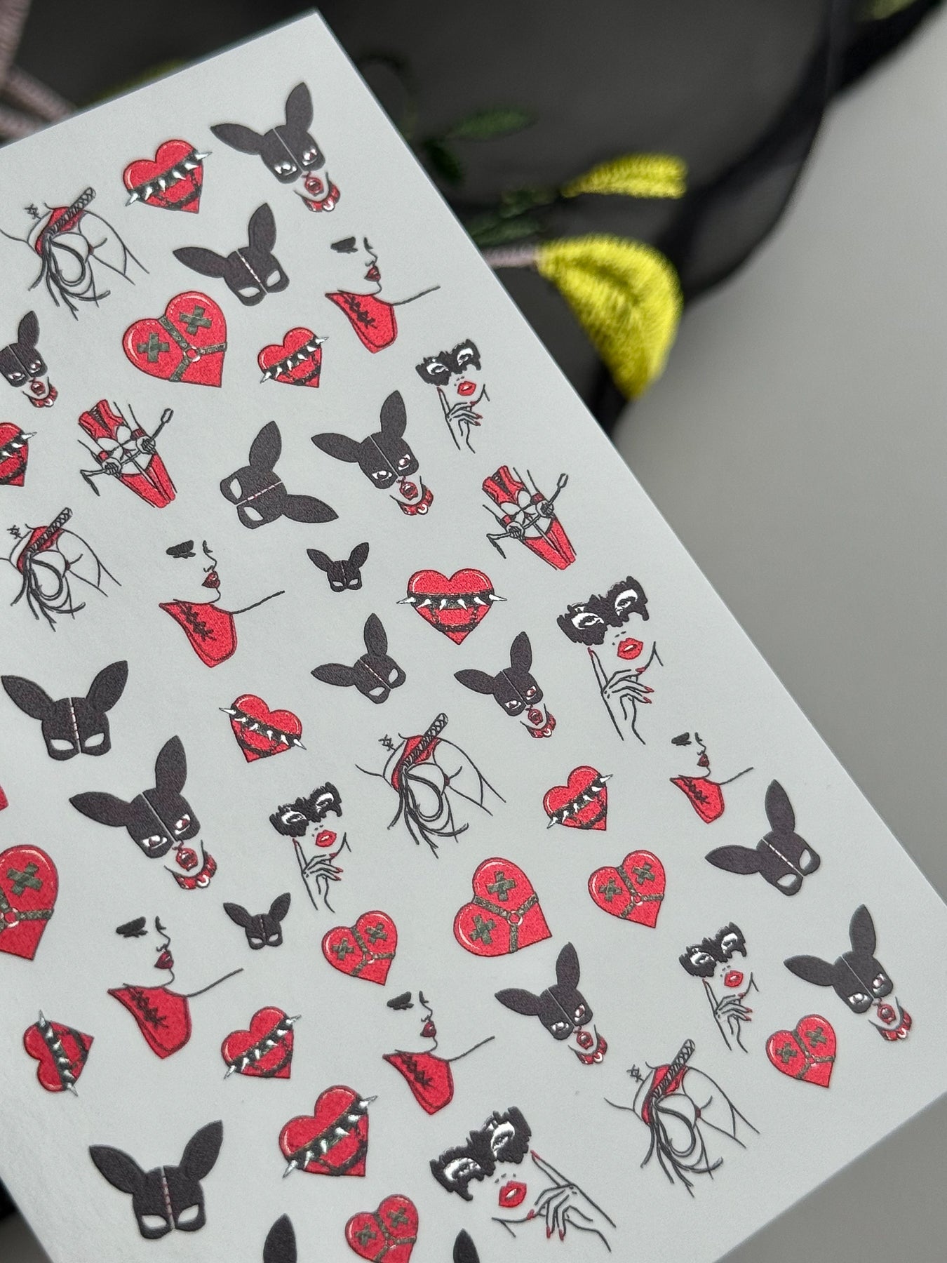Dark Romance Nail Decals — Bunny Mask, Red Hearts & Lips | MC-054 - UASLIDER