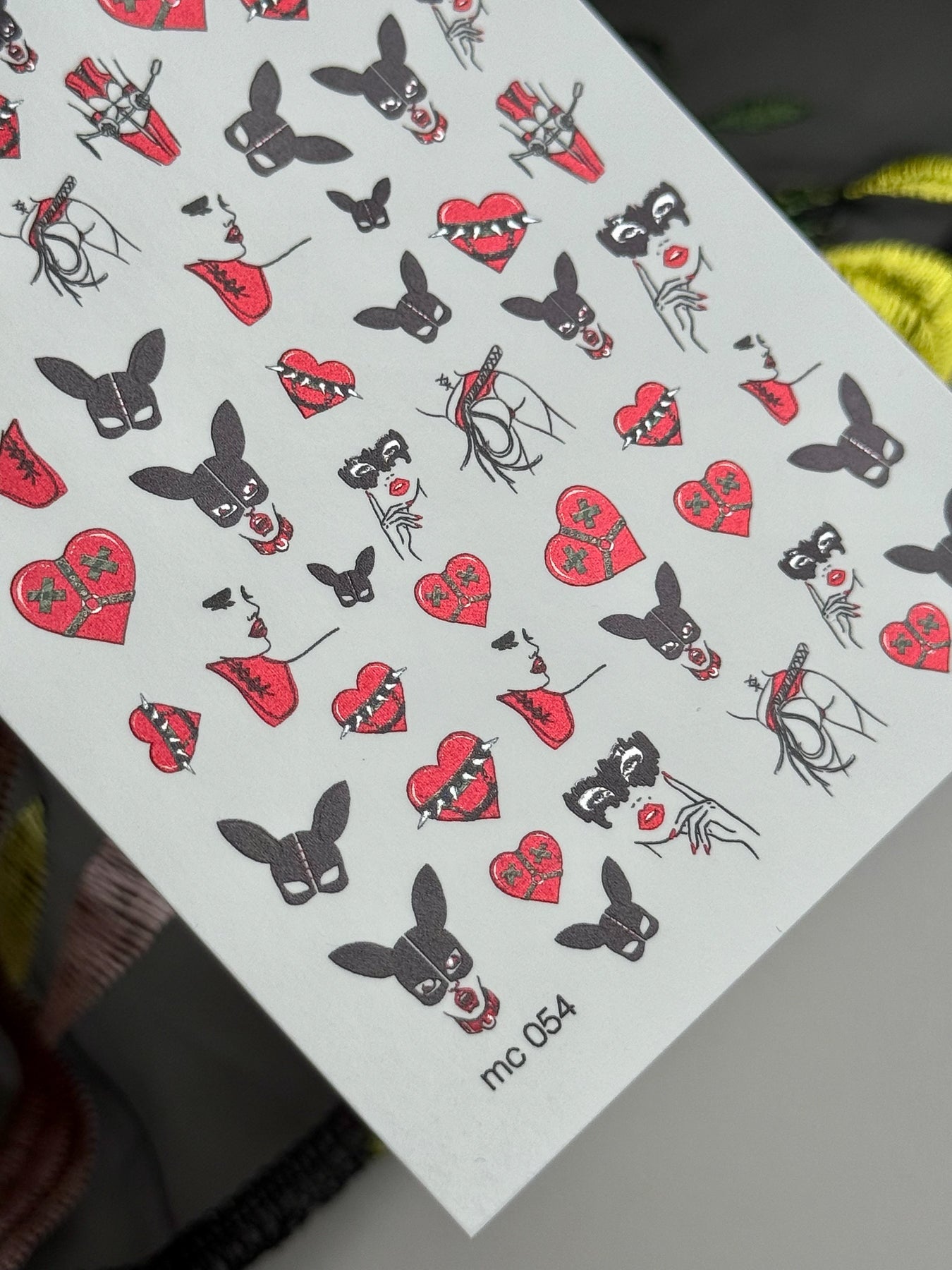 Dark Romance Nail Decals — Bunny Mask, Red Hearts & Lips | MC-054 - UASLIDER