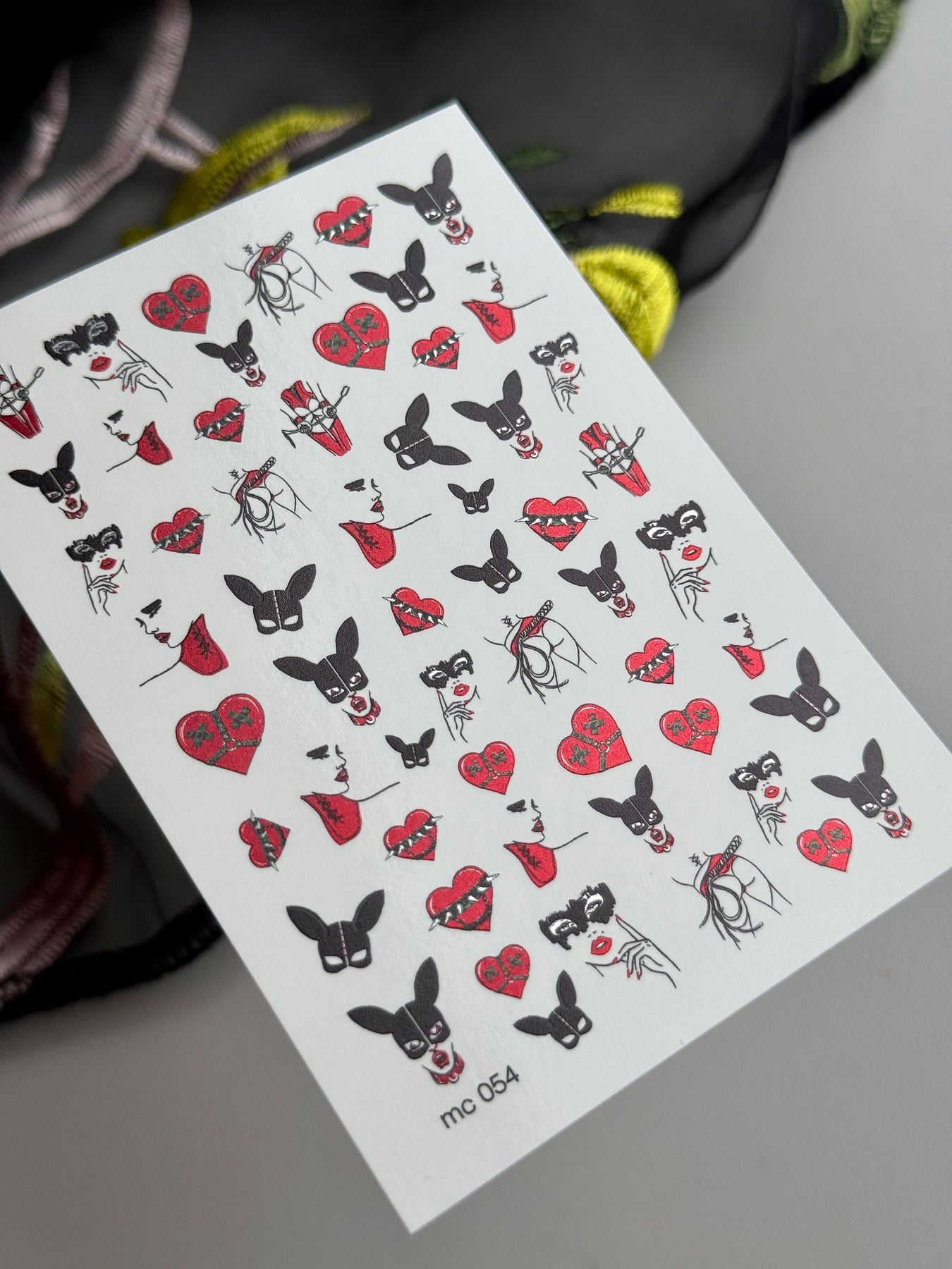 Dark Romance Nail Decals — Bunny Mask, Red Hearts & Lips | MC-054 - UASLIDER