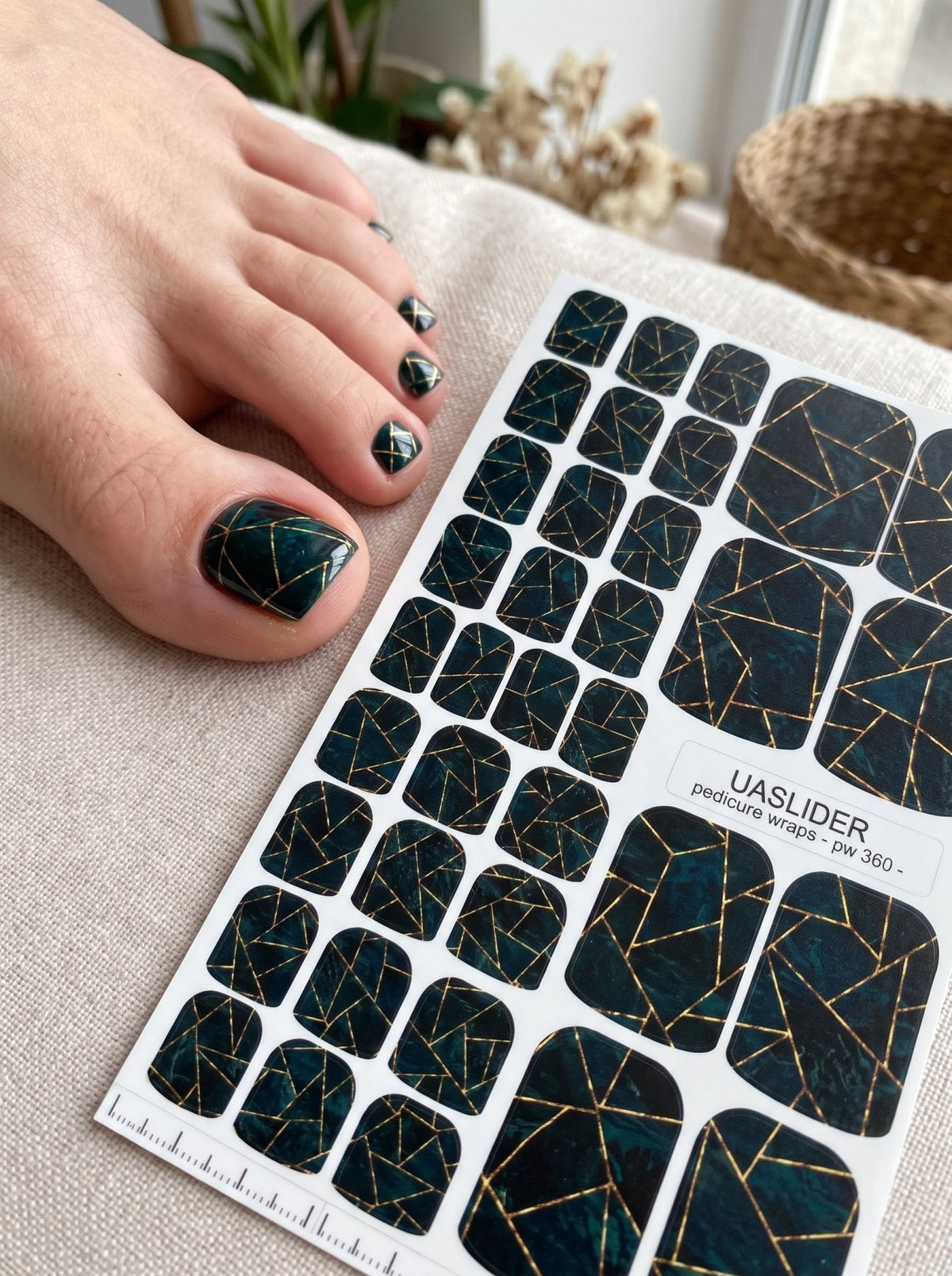 Dark Teal Geometric Pedicure Wraps — Golden Yellow Lines | pw-360 - UASLIDER