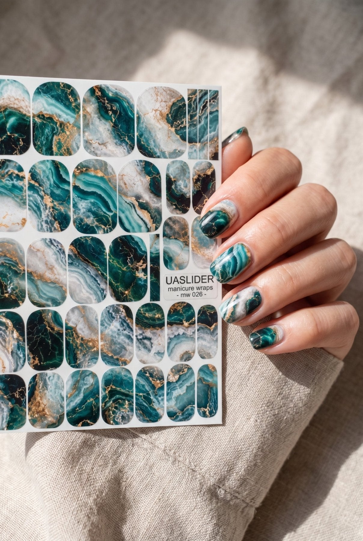 Emerald Marble Manicure Wraps — Teal & Beige Veins | mw-026 - UASLIDER