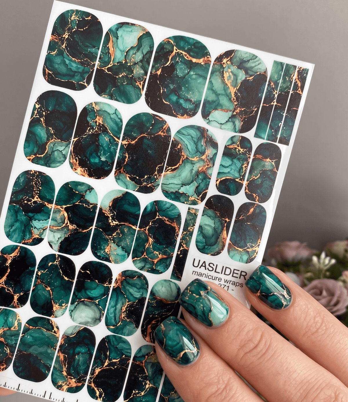 Emerald Watercolor Marble Manicure Wraps — Beige Veins | mw-371 - UASLIDER