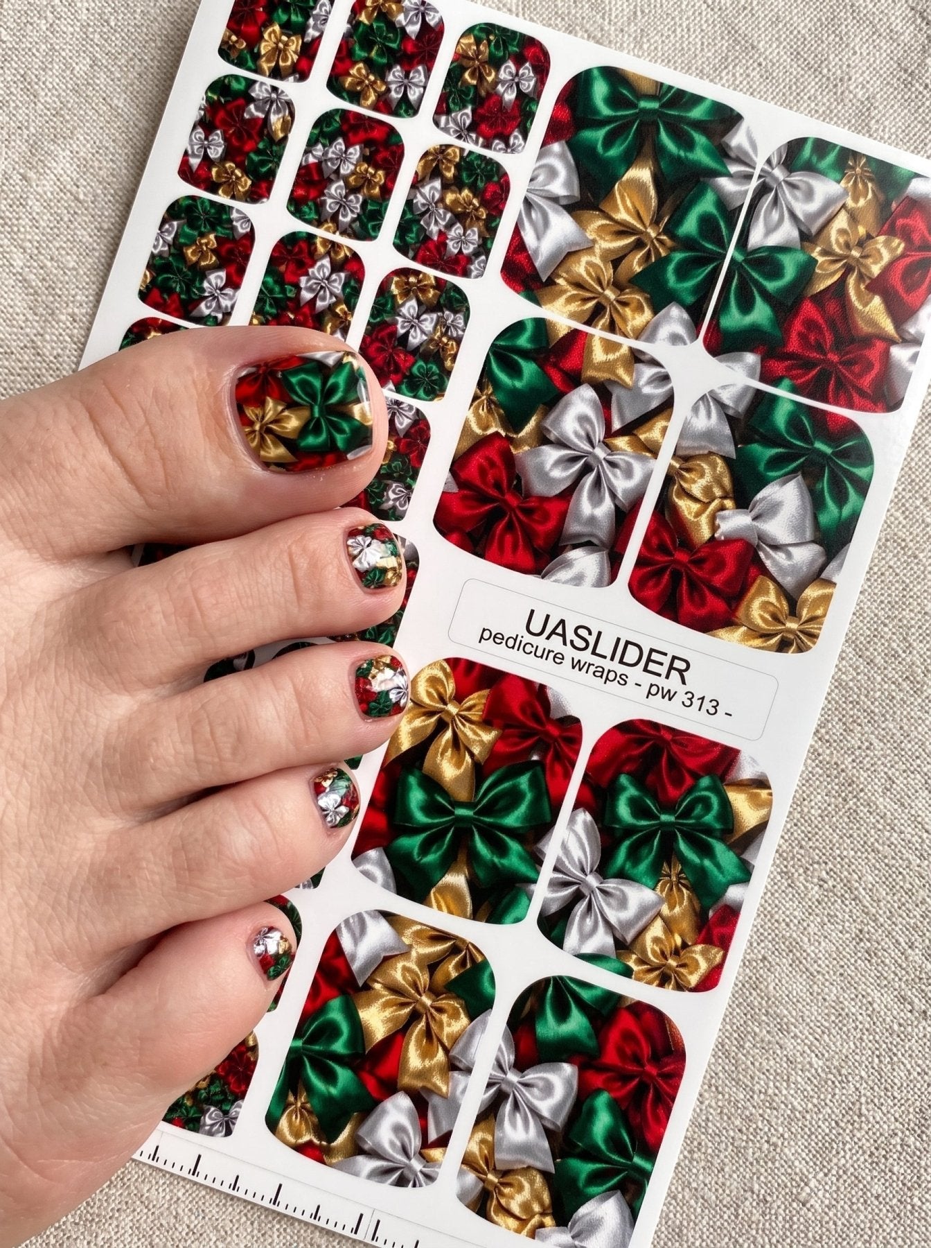 Festive Bow Pedicure Wraps — Red, Green & Pearl Ribbons | pw-313 - UASLIDER