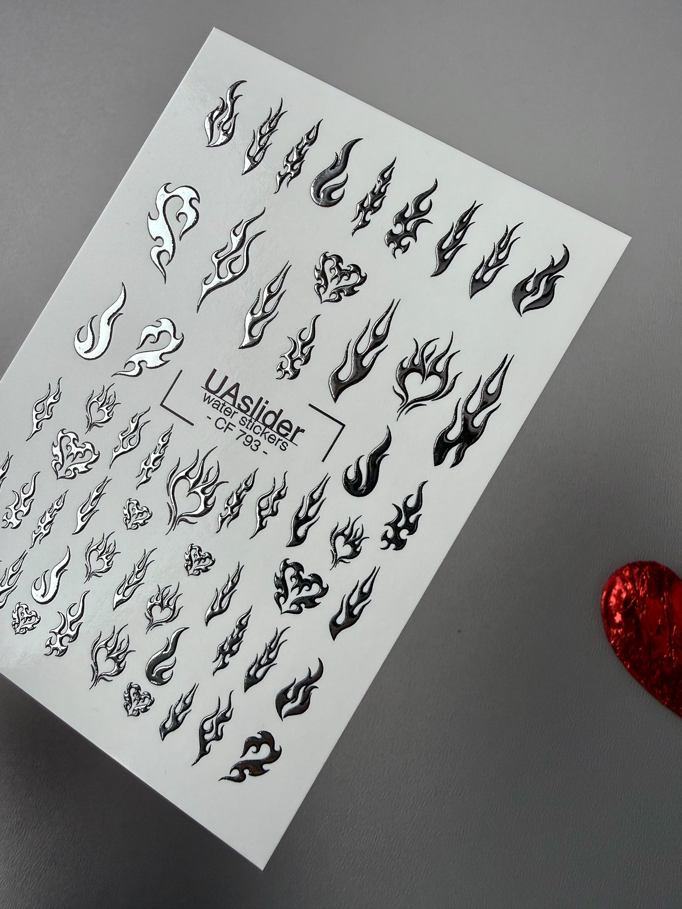 Flame & Fire Heart Nail Decals — Silver Foil Tribal | CF - 793 - UASLIDER