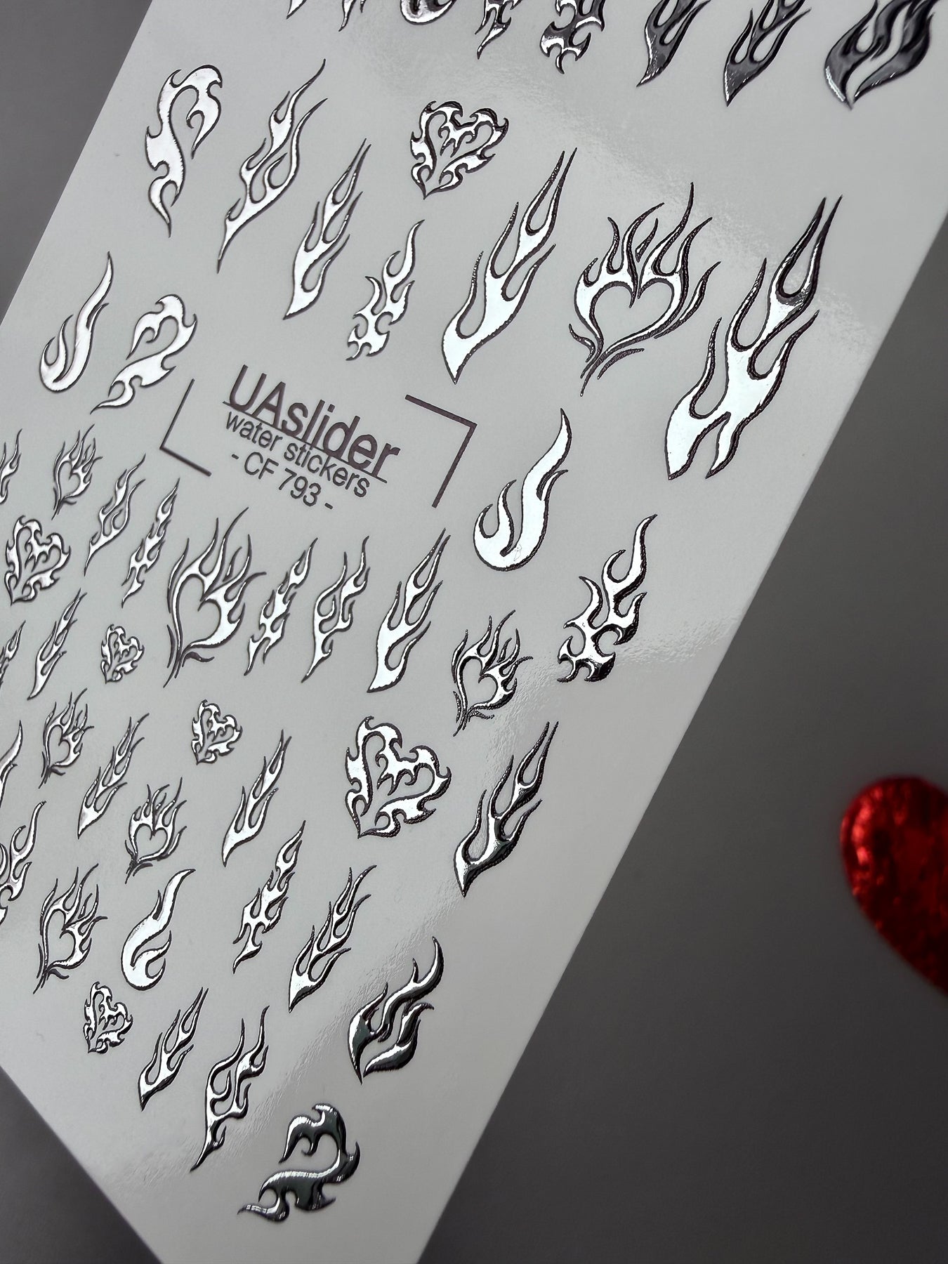 Flame & Fire Heart Nail Decals — Silver Foil Tribal | CF - 793 - UASLIDER