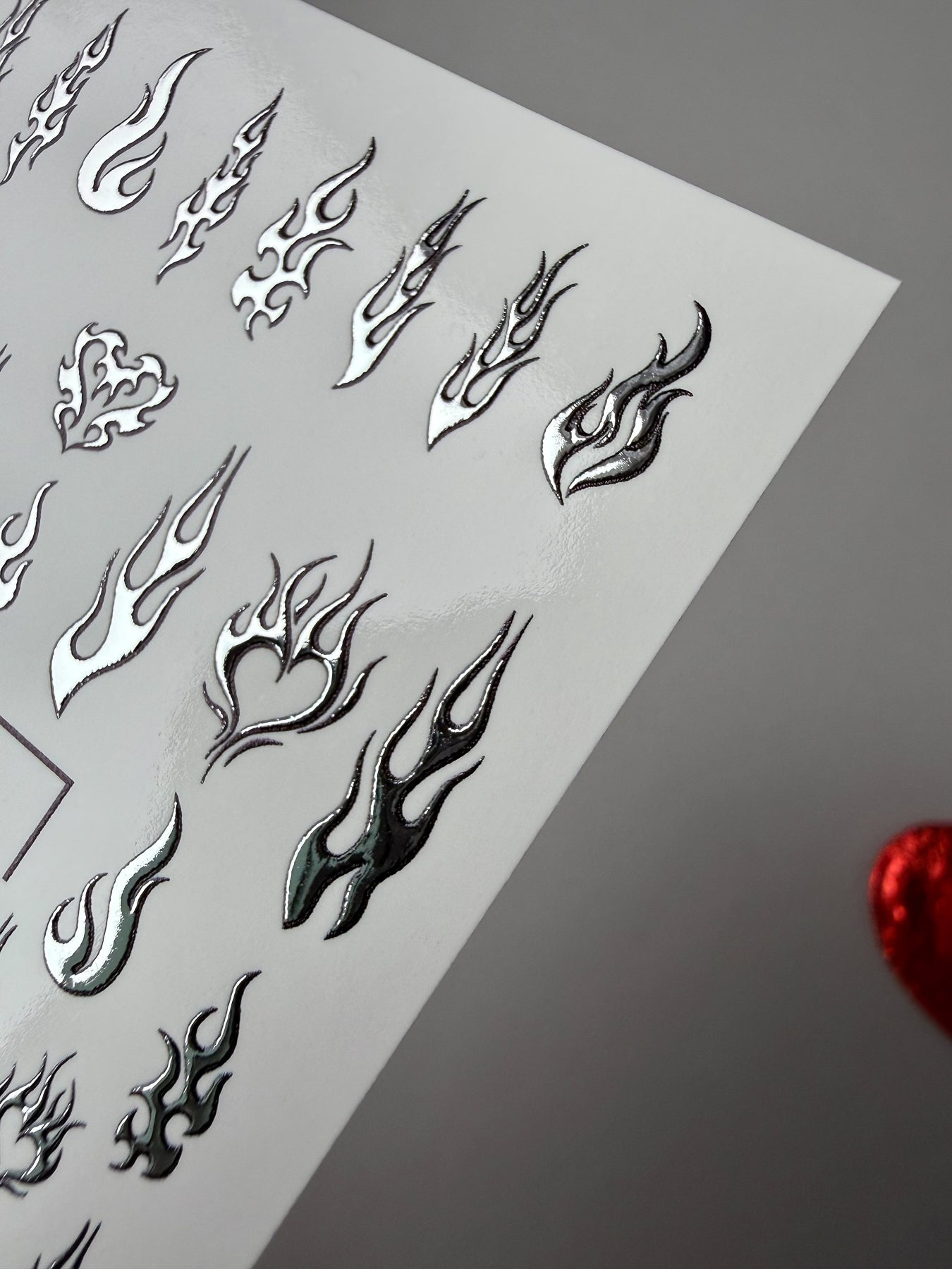Flame & Fire Heart Nail Decals — Silver Foil Tribal | CF - 793 - UASLIDER