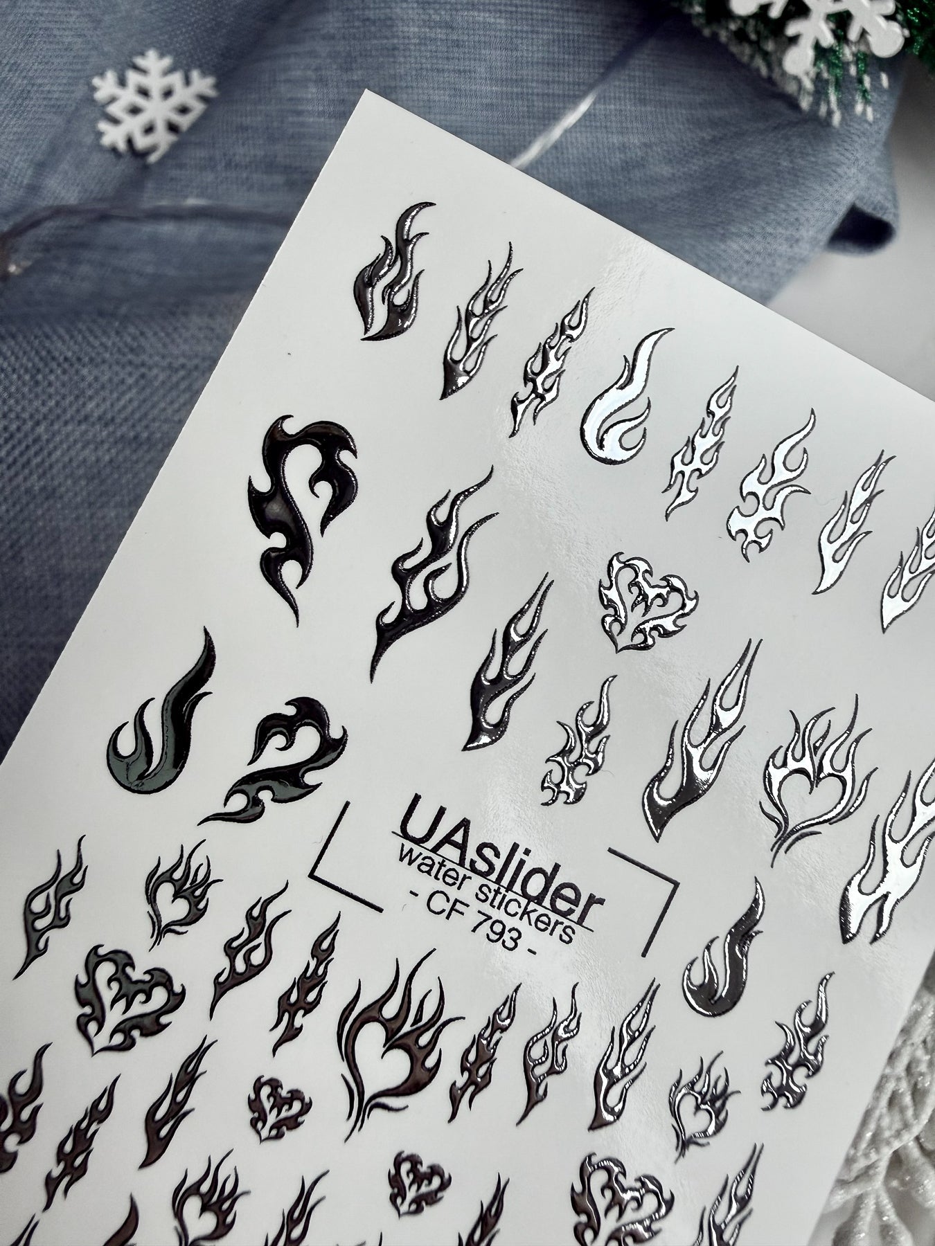 Flame & Fire Heart Nail Decals — Silver Foil Tribal | CF - 793 - UASLIDER