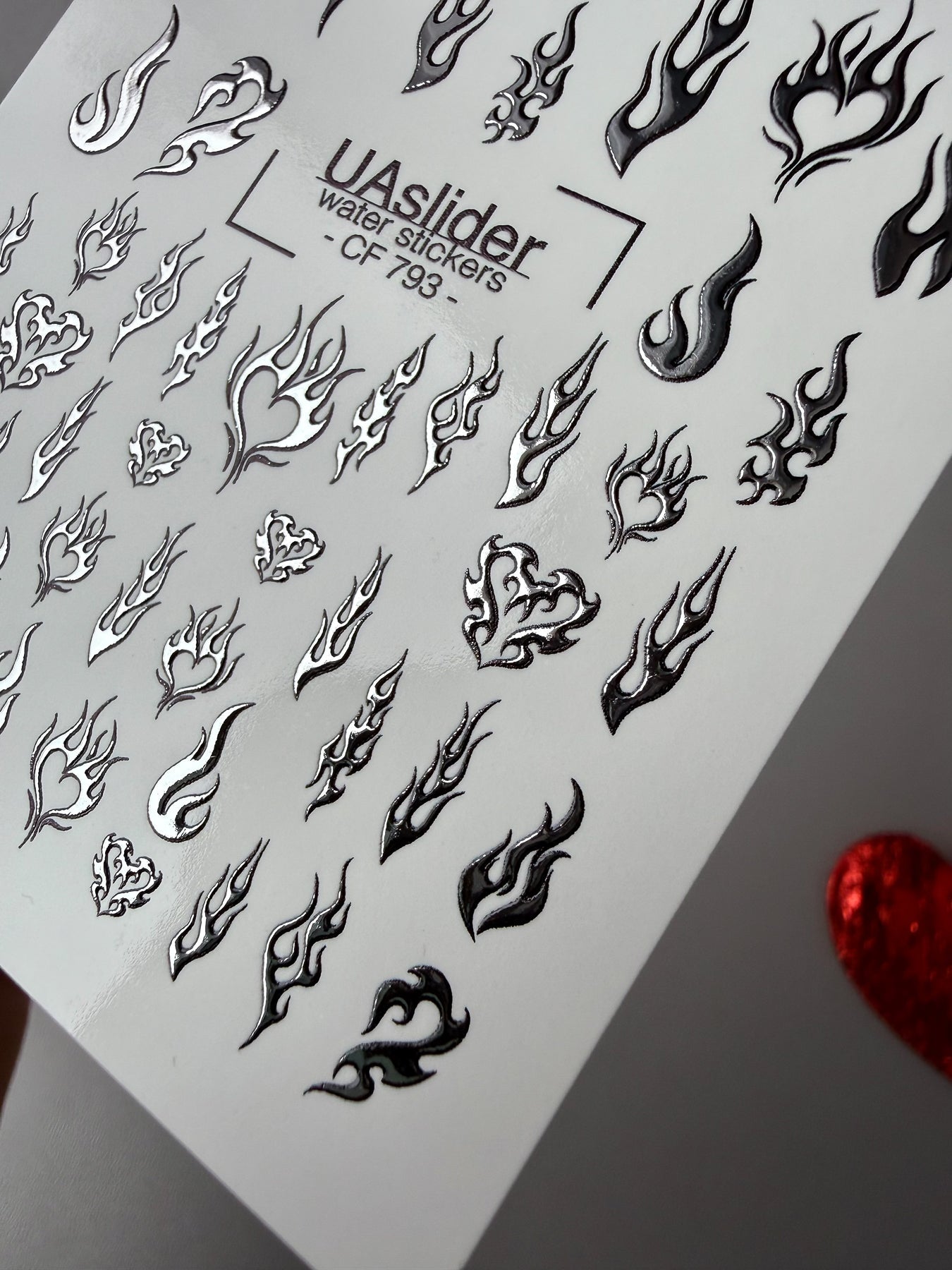 Flame & Fire Heart Nail Decals — Silver Foil Tribal | CF - 793 - UASLIDER