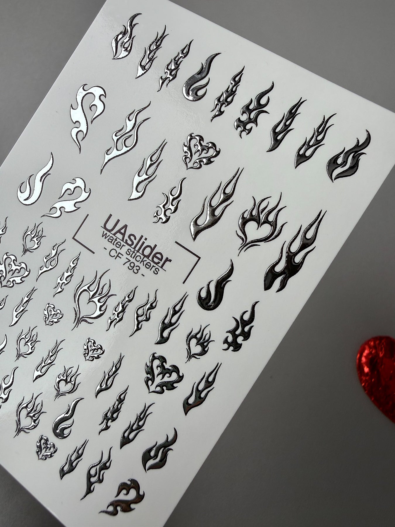 Flame & Fire Heart Nail Decals — Silver Foil Tribal | CF - 793 - UASLIDER