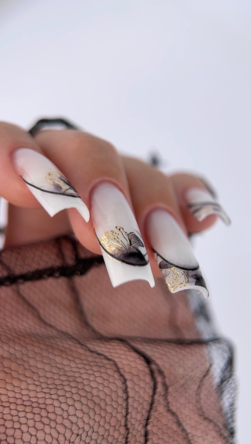 Floral French Tip Nail Decals — Dark Flowers & Gold Foil | CF - 445 - UASLIDER
