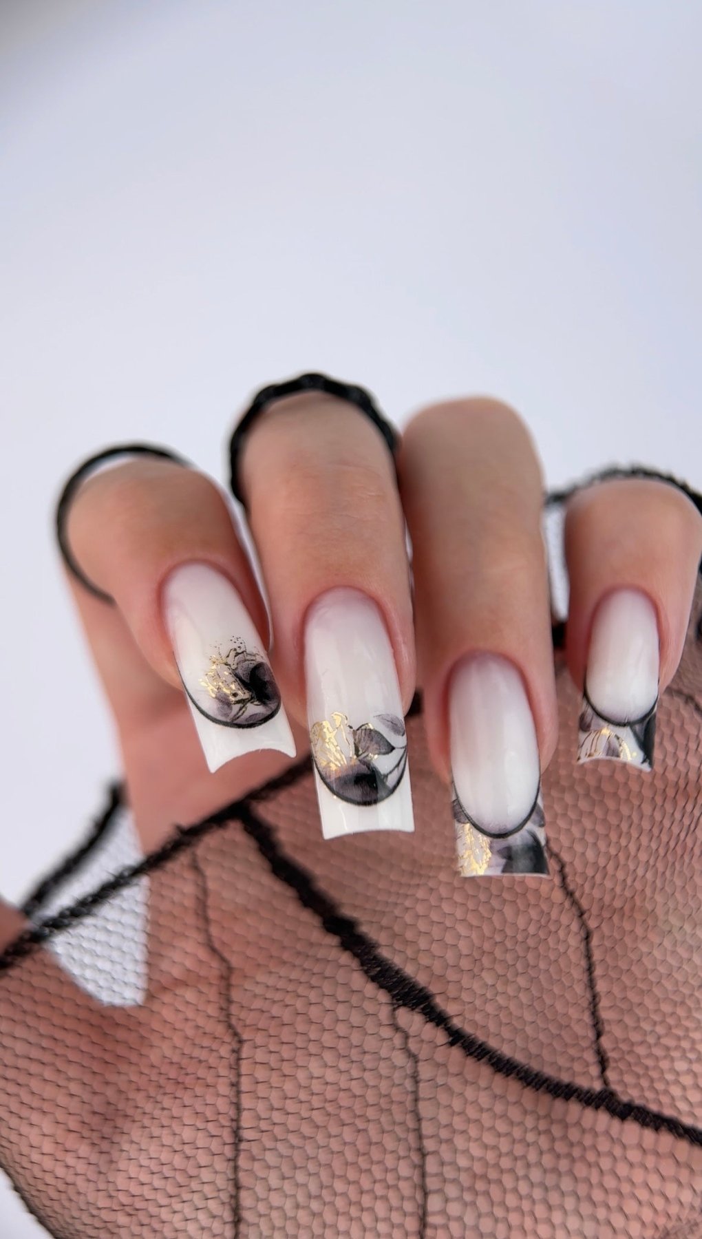 Floral French Tip Nail Decals — Dark Flowers & Gold Foil | CF - 445 - UASLIDER