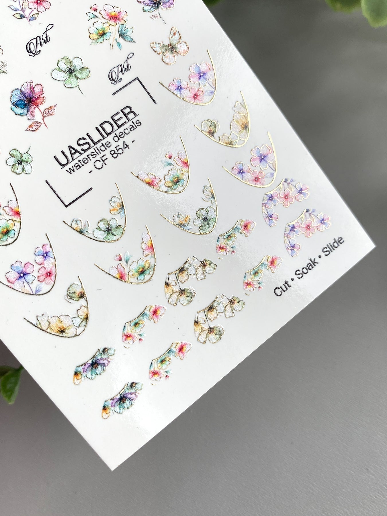 Floral French Tip Nail Decals — Watercolor Flowers & Gold Foil | CF - 854 - UASLIDER