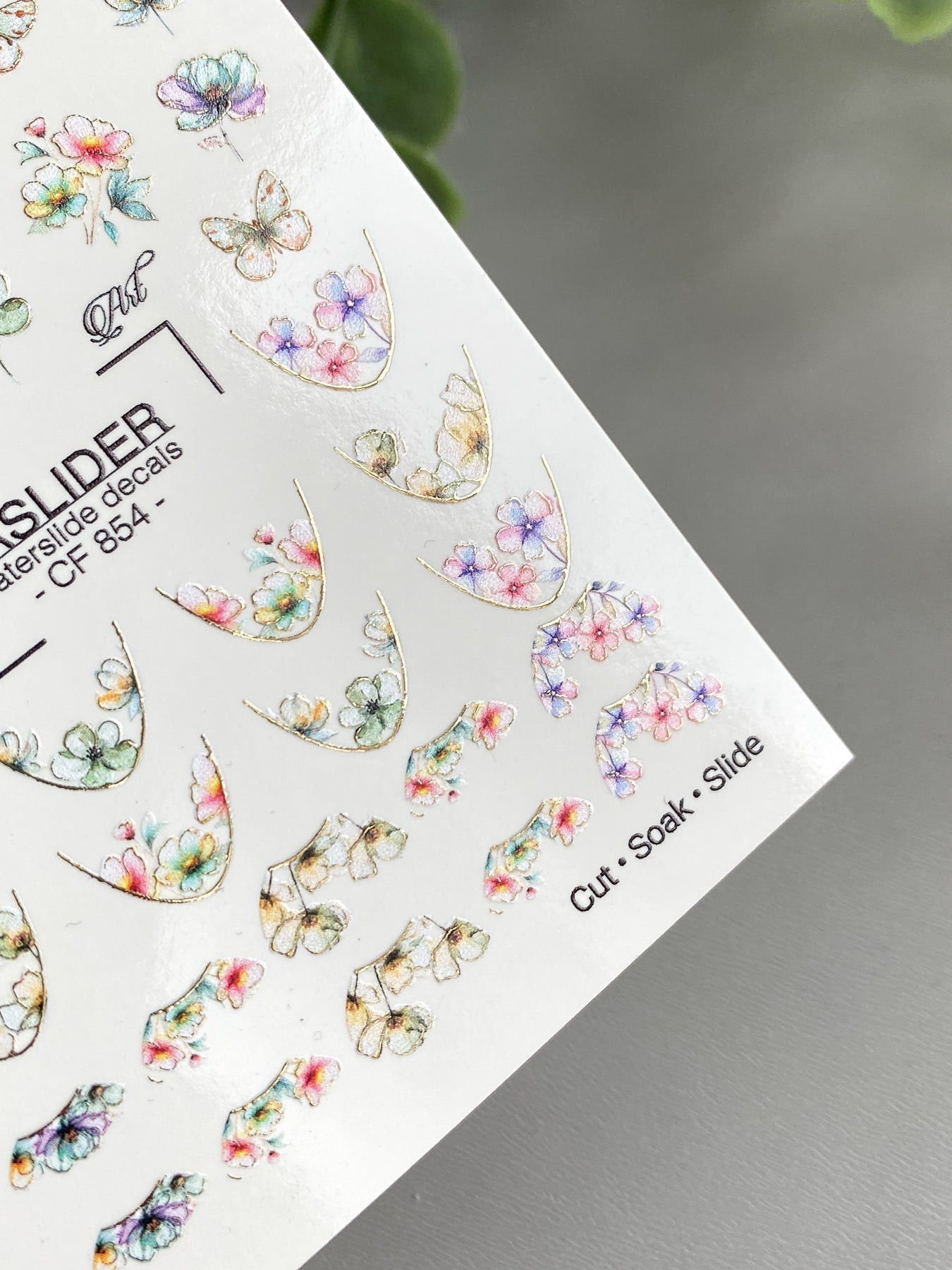 Floral French Tip Nail Decals — Watercolor Flowers & Gold Foil | CF - 854 - UASLIDER