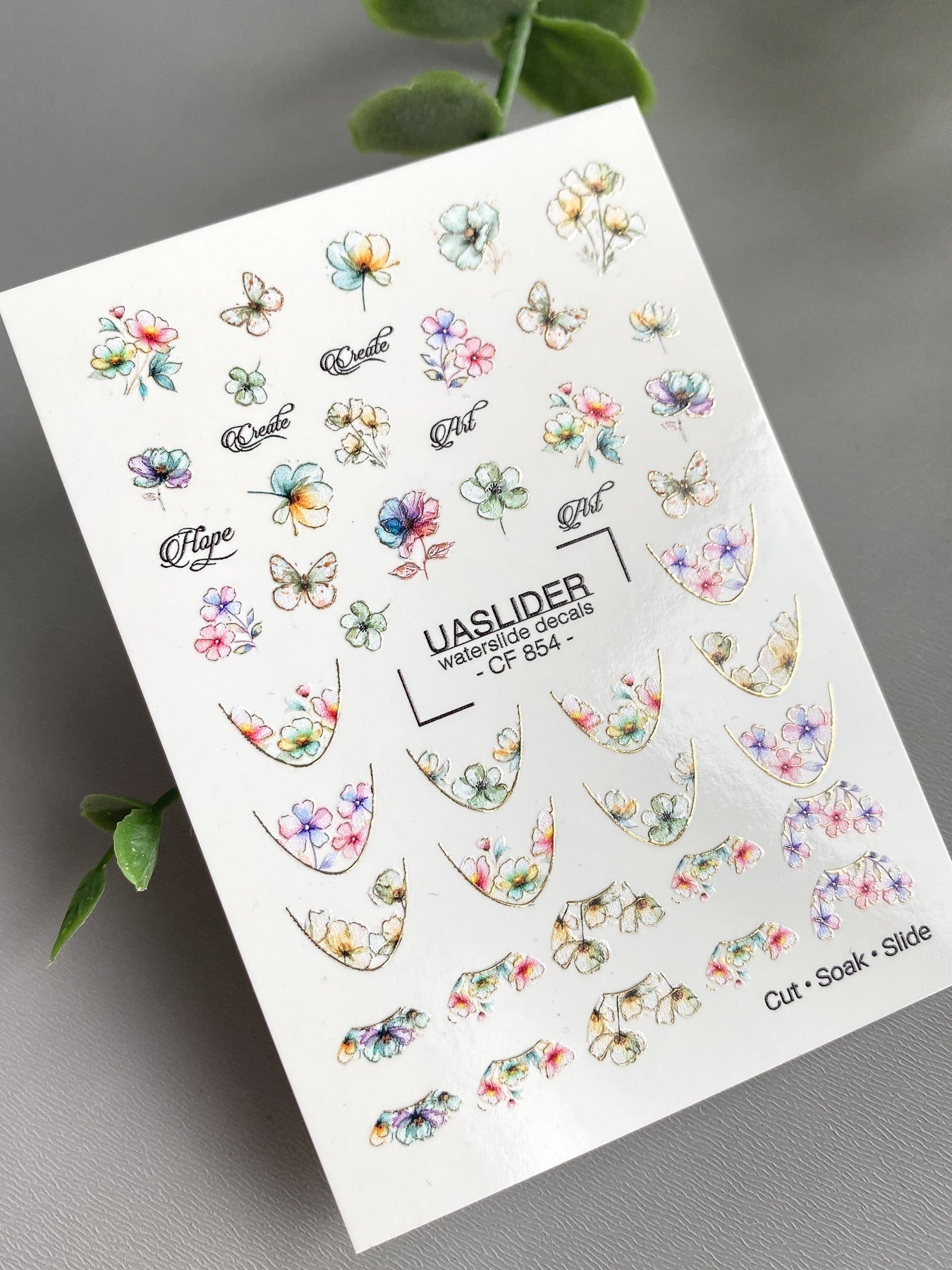 Floral French Tip Nail Decals — Watercolor Flowers & Gold Foil | CF - 854 - UASLIDER