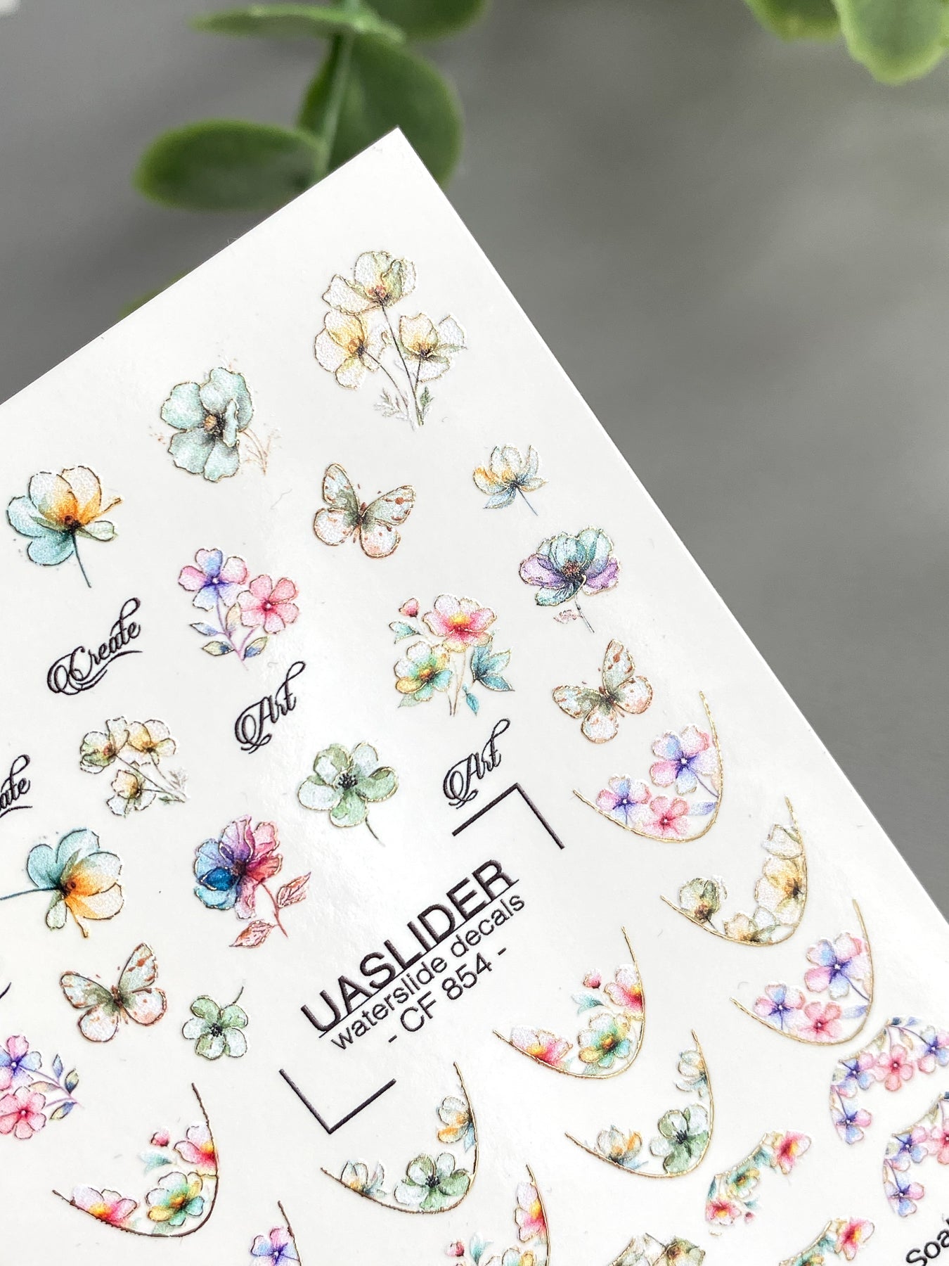 Floral French Tip Nail Decals — Watercolor Flowers & Gold Foil | CF - 854 - UASLIDER