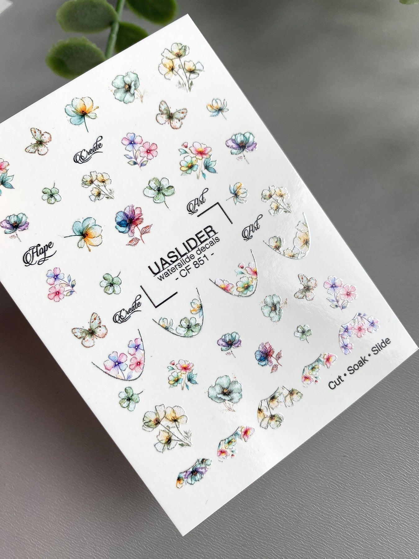 Floral French Tip Nail Decals — Watercolor Flowers & Silver Foil | CF - 851 - UASLIDER