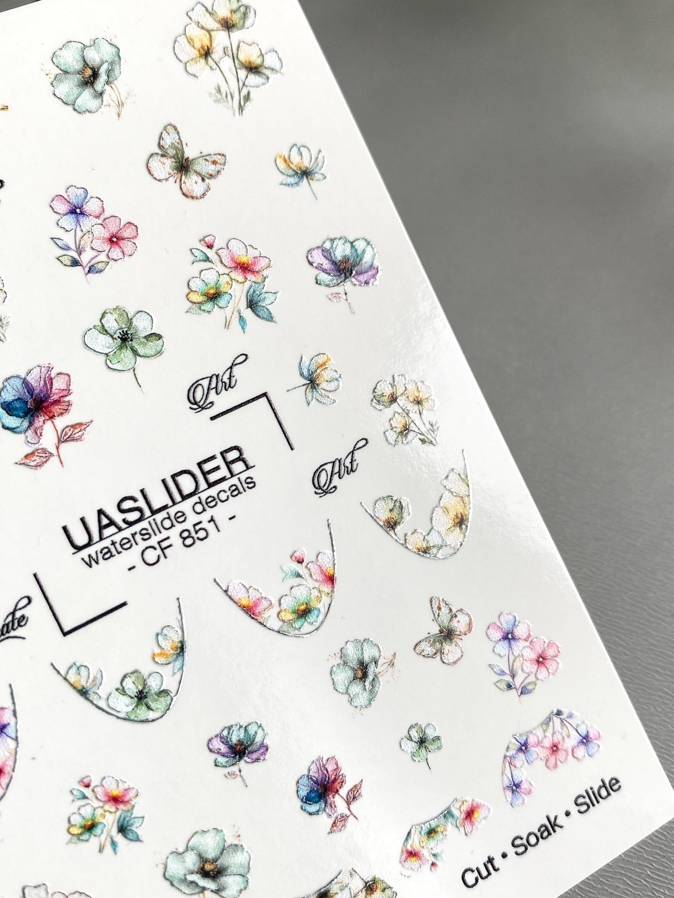 Floral French Tip Nail Decals — Watercolor Flowers & Silver Foil | CF - 851 - UASLIDER