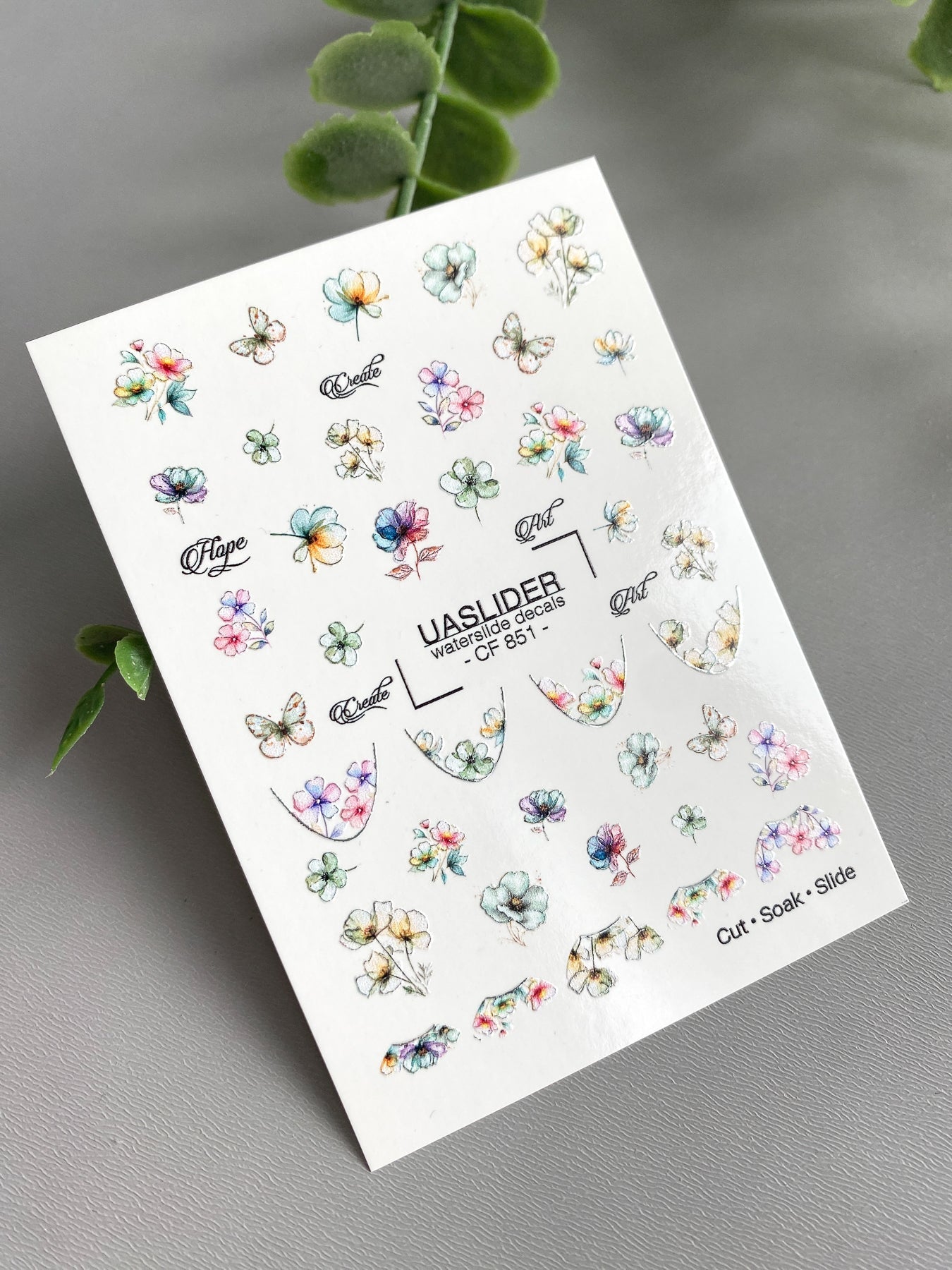 Floral French Tip Nail Decals — Watercolor Flowers & Silver Foil | CF - 851 - UASLIDER