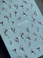 Floral Nail Decals — Black & White Botanical Blooms with Silver Foil | CF - 839 - UASLIDER