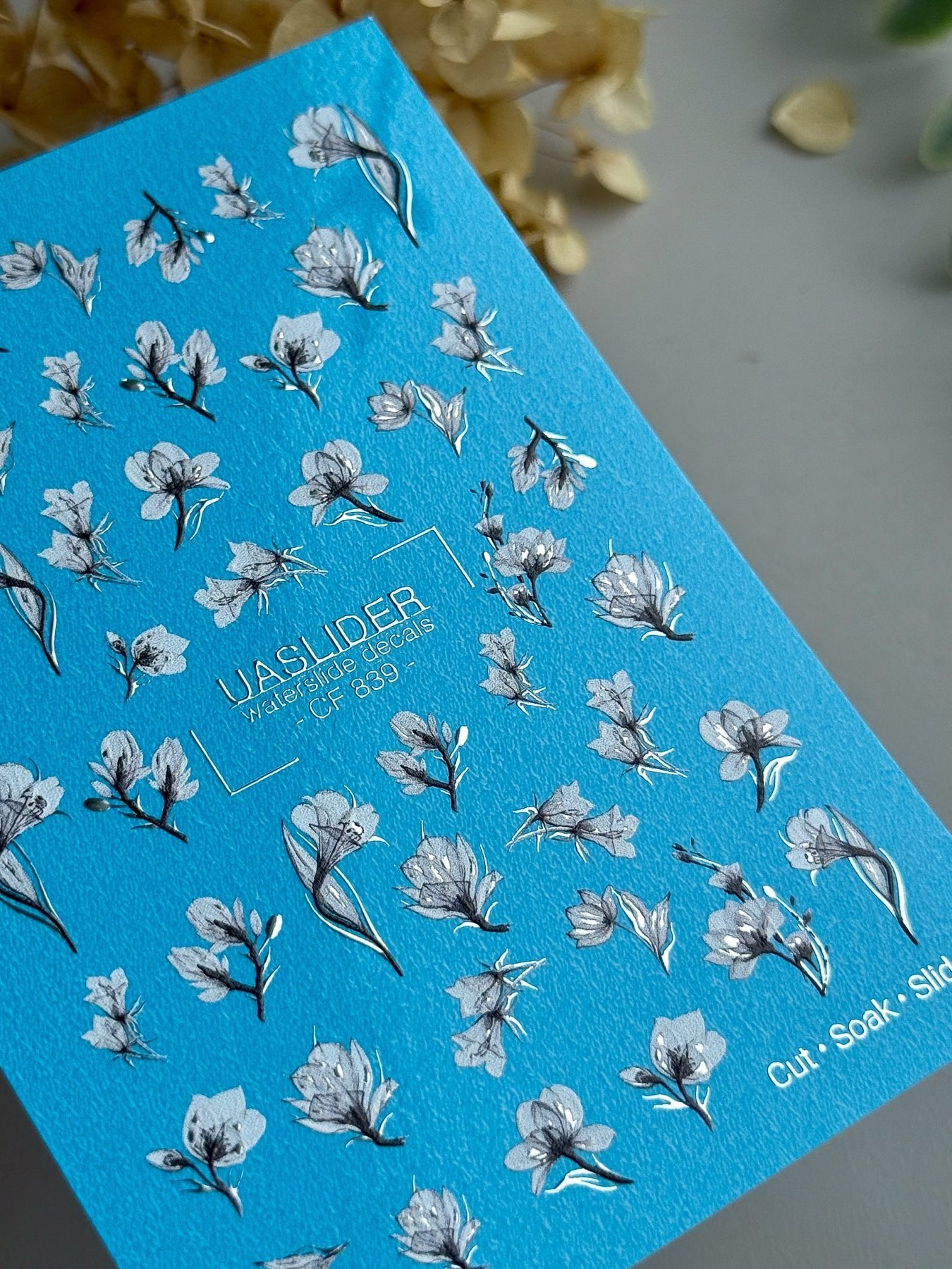 Floral Nail Decals — Black & White Botanical Blooms with Silver Foil | CF - 839 - UASLIDER