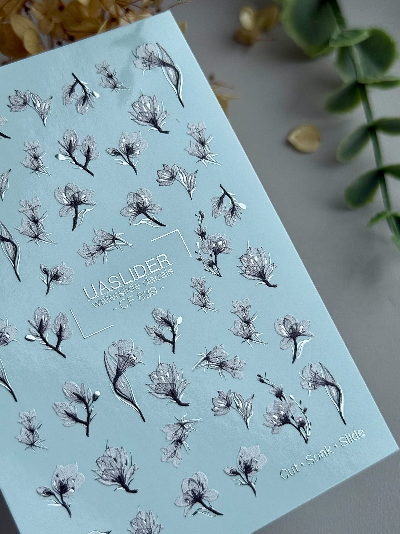 Floral Nail Decals — Black & White Botanical Blooms with Silver Foil | CF - 839 - UASLIDER