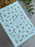 Floral Nail Decals — Black & White Flowers with Silver Foil Script | CF - 838 - UASLIDER