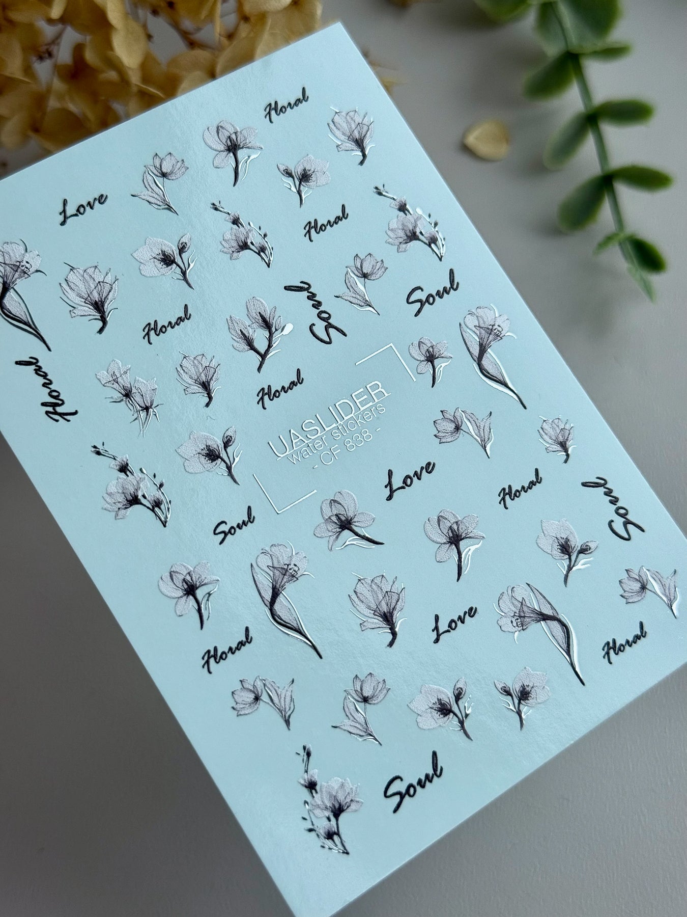Floral Nail Decals — Black & White Flowers with Silver Foil Script | CF - 838 - UASLIDER