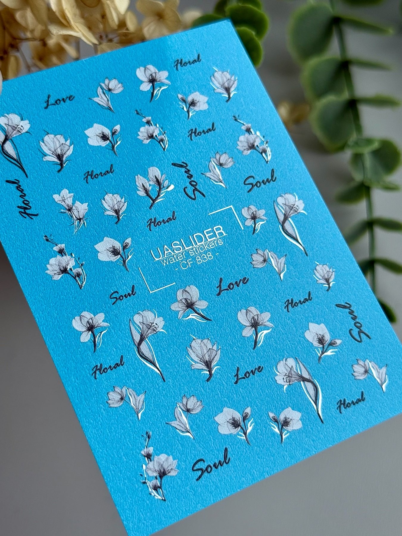 Floral Nail Decals — Black & White Flowers with Silver Foil Script | CF - 838 - UASLIDER