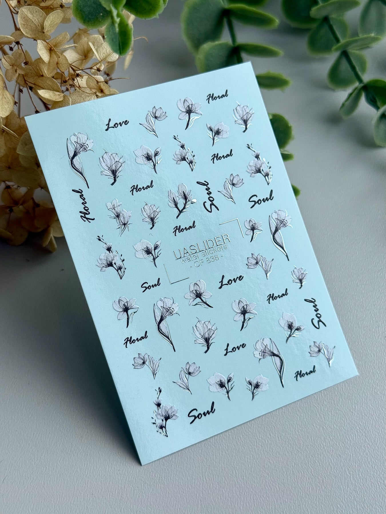 Floral Nail Decals — Black & White Flowers with Silver Foil Script | CF - 838 - UASLIDER