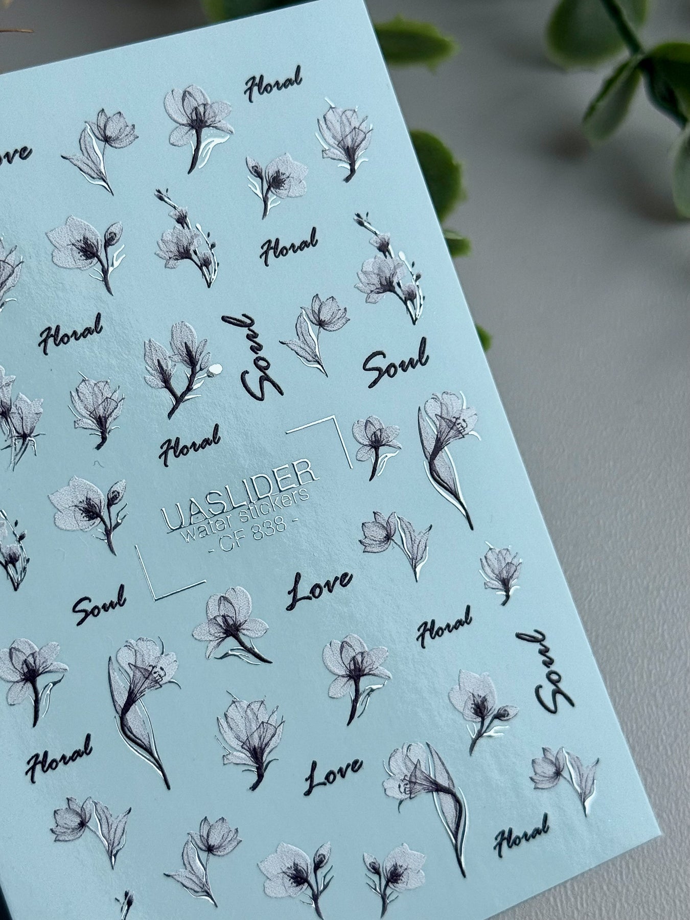 Floral Nail Decals — Black & White Flowers with Silver Foil Script | CF - 838 - UASLIDER