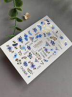 Floral Nail Decals — Blue Flowers, Butterflies & Gold Foil | CF - 131 - UASLIDER