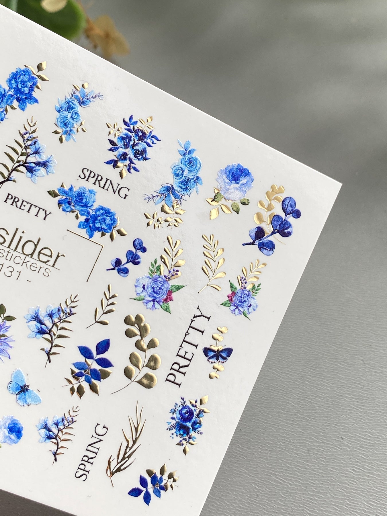 Floral Nail Decals — Blue Flowers, Butterflies & Gold Foil | CF - 131 - UASLIDER