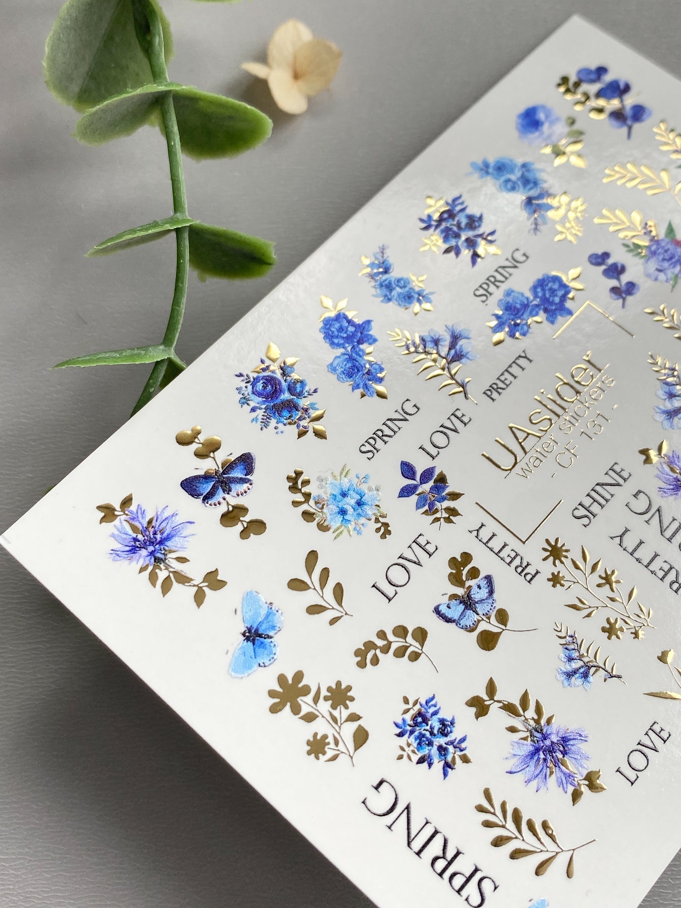 Floral Nail Decals — Blue Flowers, Butterflies & Gold Foil | CF - 131 - UASLIDER
