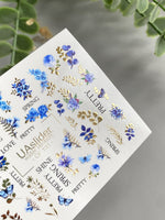 Floral Nail Decals — Blue Flowers, Butterflies & Gold Foil | CF - 131 - UASLIDER