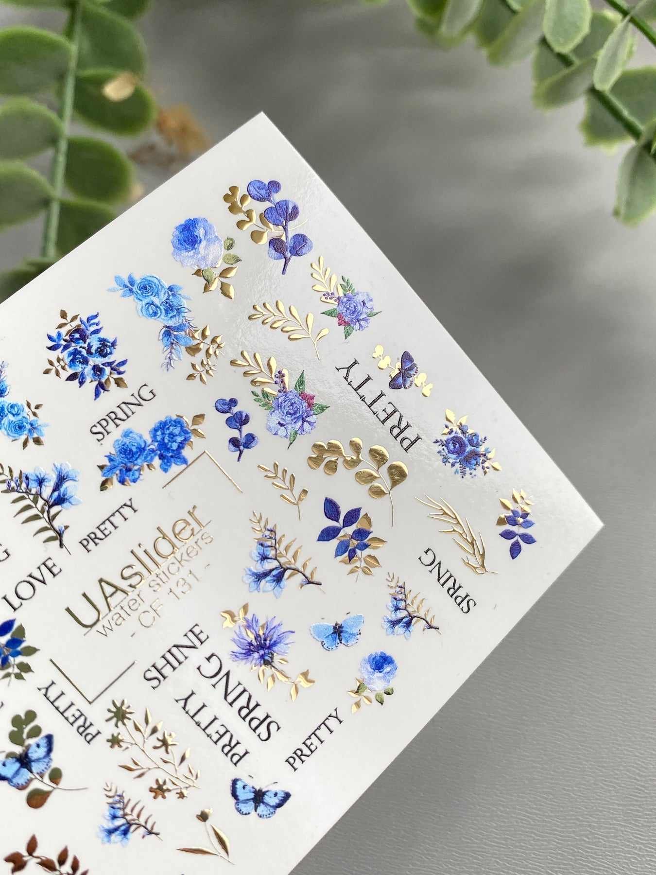 Floral Nail Decals — Blue Flowers, Butterflies & Gold Foil | CF - 131 - UASLIDER