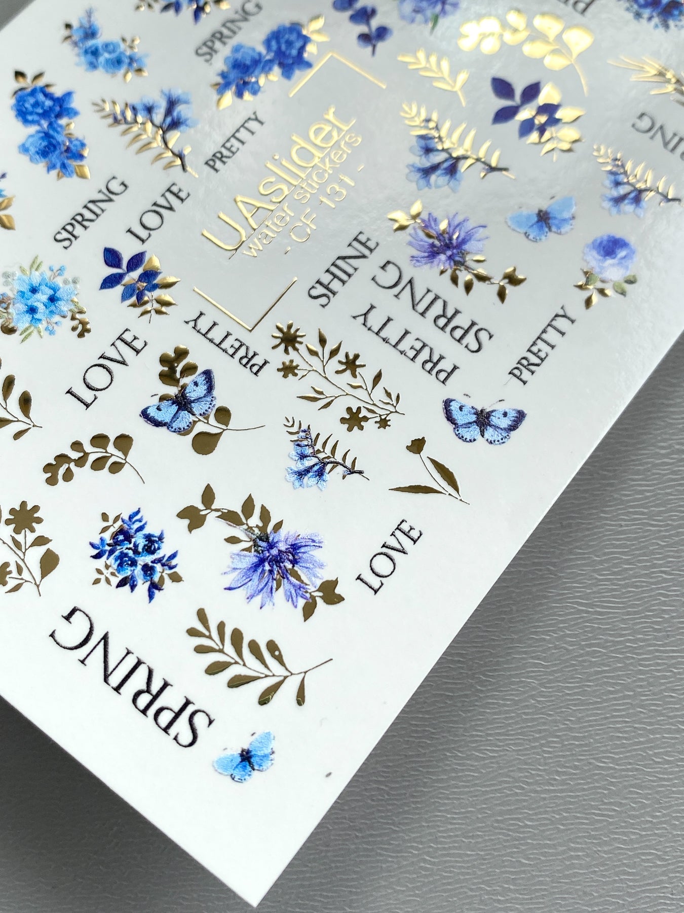 Floral Nail Decals — Blue Flowers, Butterflies & Gold Foil | CF - 131 - UASLIDER