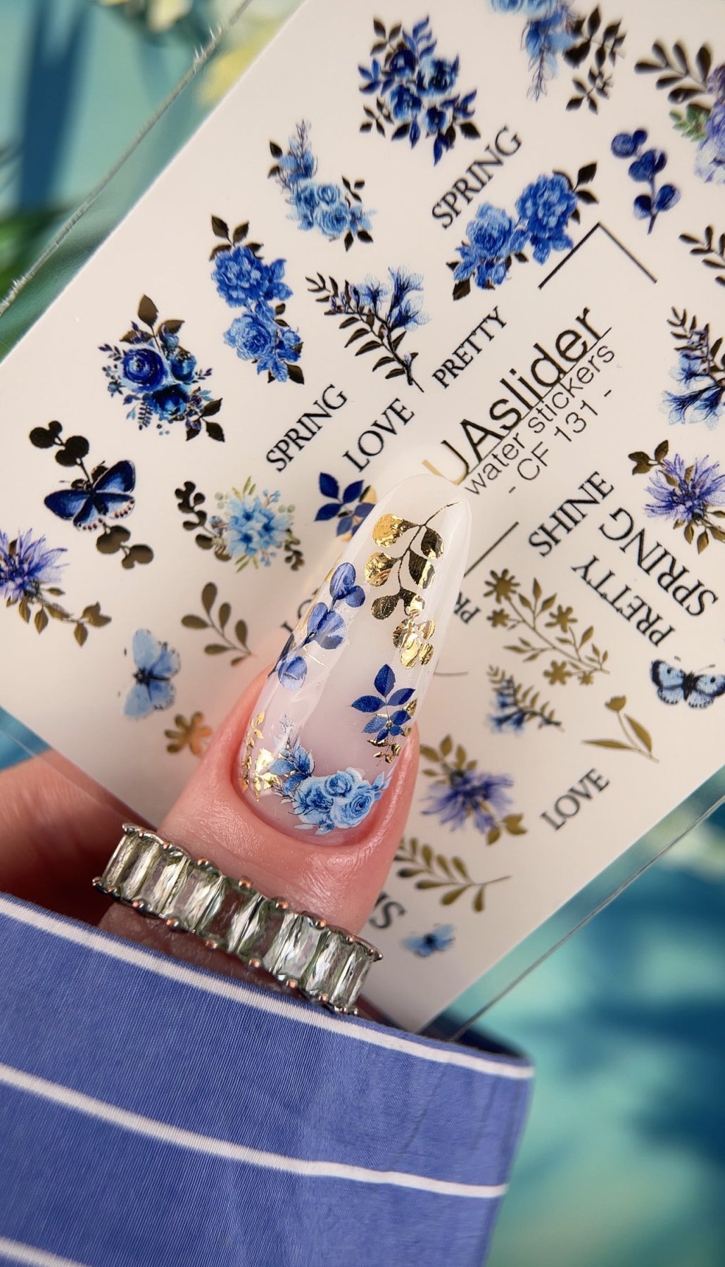 Floral Nail Decals — Blue Flowers, Butterflies & Gold Foil | CF - 131 - UASLIDER