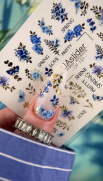 Floral Nail Decals — Blue Flowers, Butterflies & Gold Foil | CF - 131 - UASLIDER