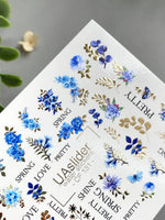 Floral Nail Decals — Blue Flowers, Butterflies & Gold Foil | CF - 131 - UASLIDER