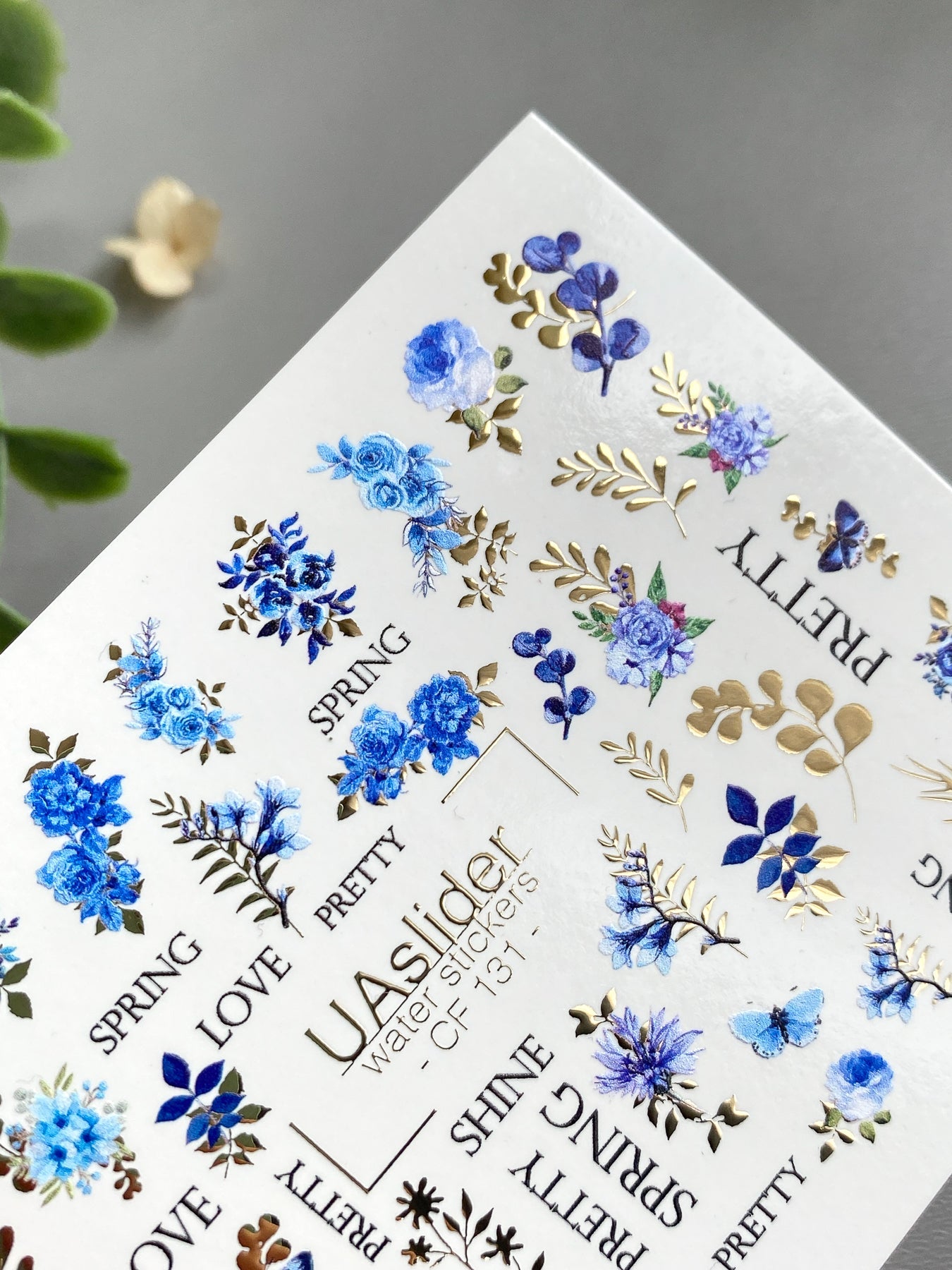 Floral Nail Decals — Blue Flowers, Butterflies & Gold Foil | CF - 131 - UASLIDER